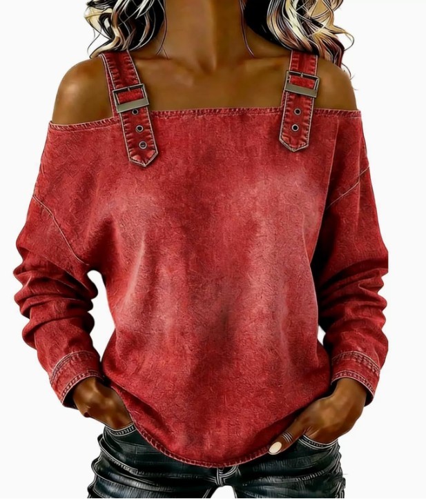 Women Off Shoulder Long Sleeve Top Adjustable Strap Loose Denim Casual Blouse