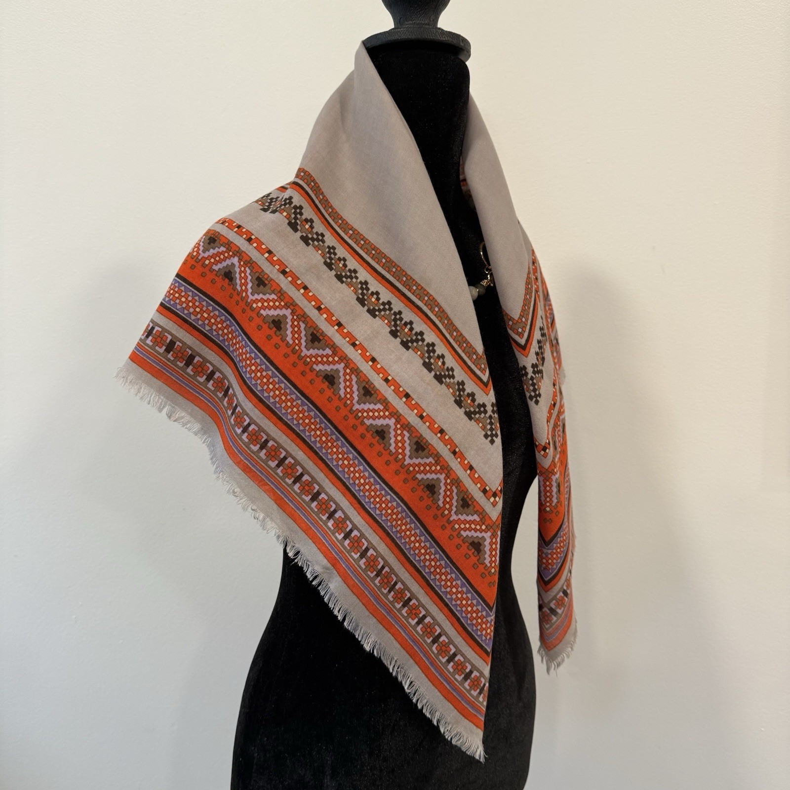 Yves Saint Laurent Silk Scarf Geometric Cream Brown
