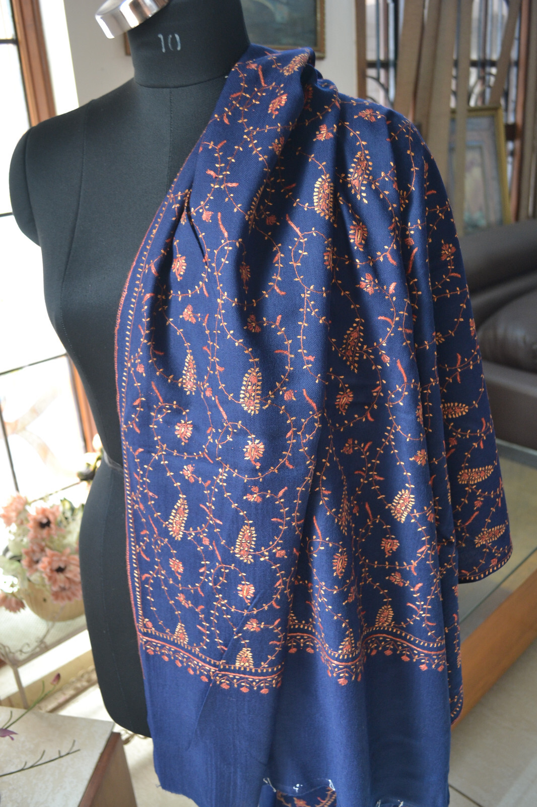 Dark blue MICRO JAAL KASHMIRI EMBROIDERY SHAWL ~ 100% CASHMERE PASHMINA