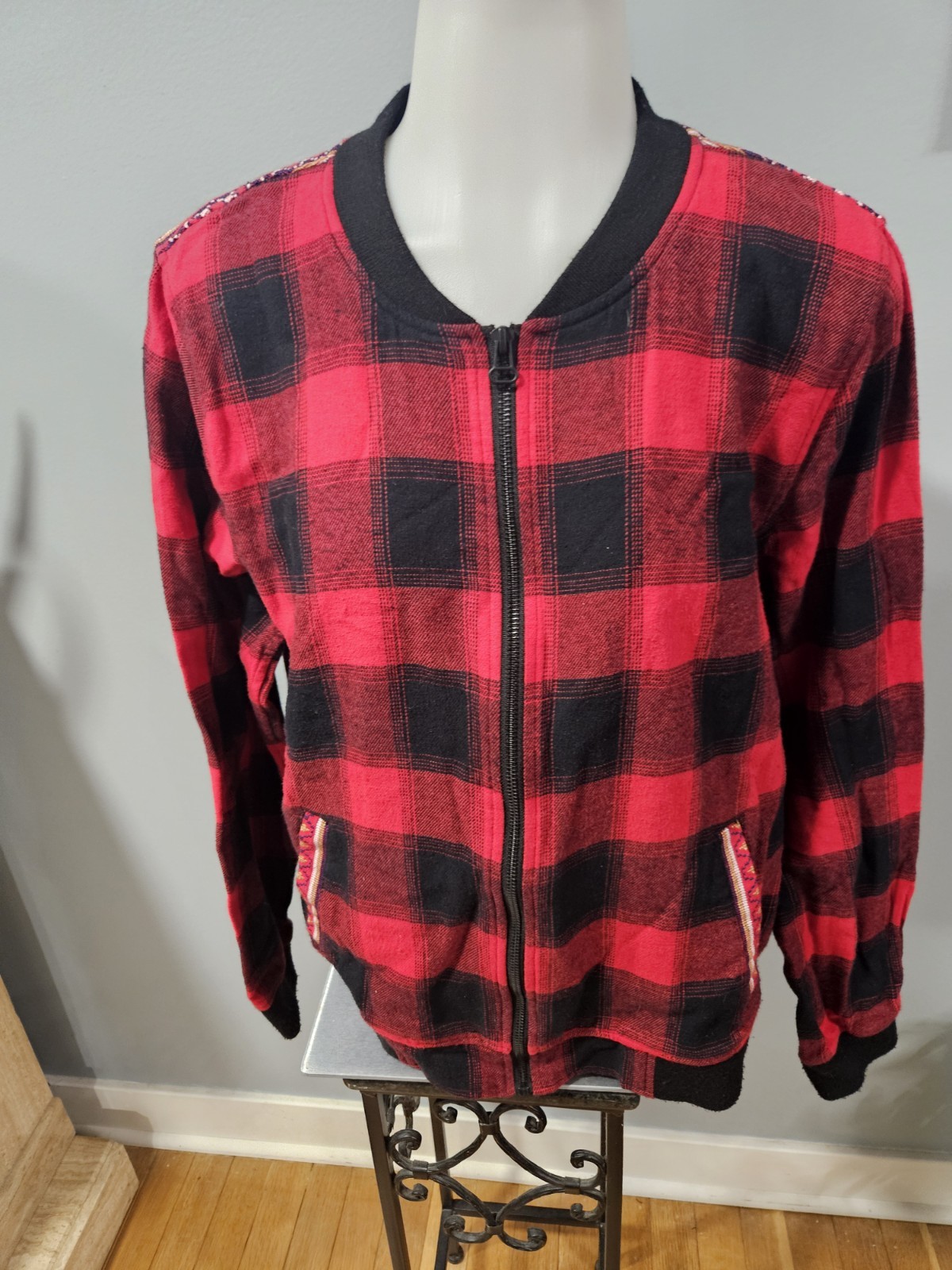 Red and black buffalo plaid Ruff Hewn bomber jacket with a full-zip front