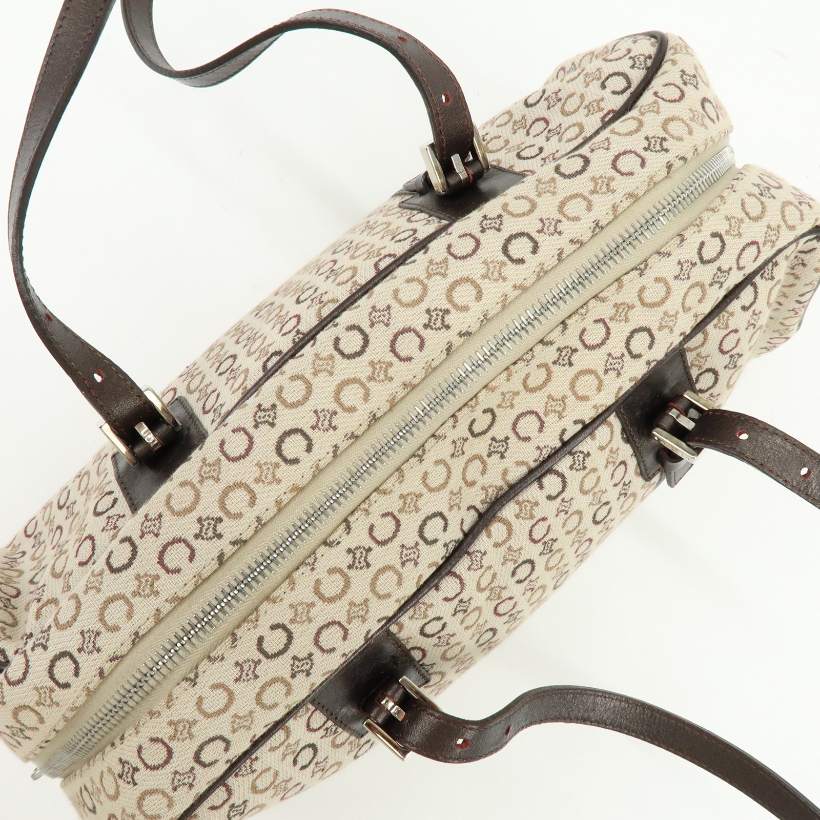 CELINE C Macadam Canvas Leather Hand Bag Boston Bag Beige Brown Auth Used F/S