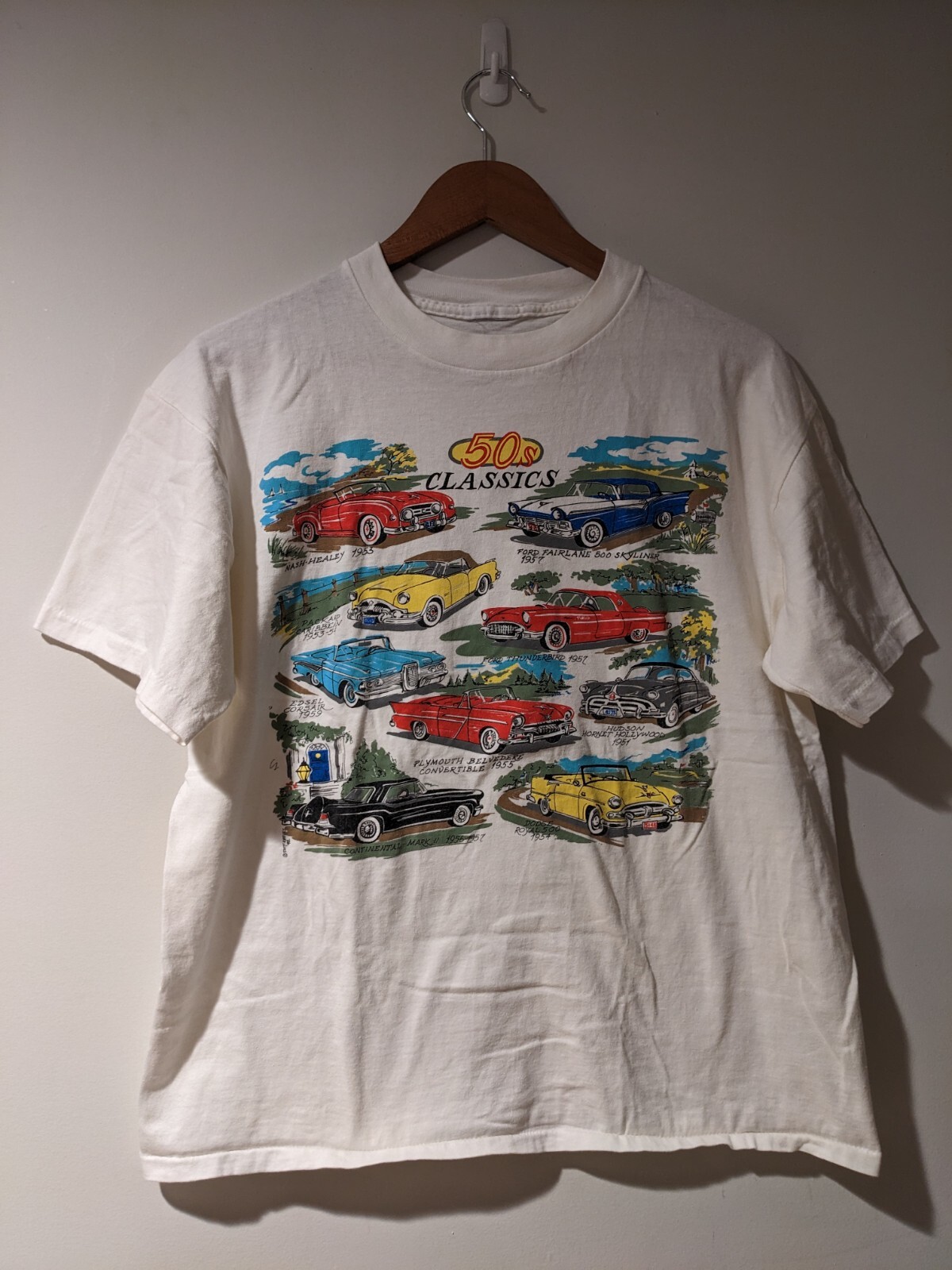 Vintage 90s 50s Classic Cars Hotrod Ford Hudson White Large T-Shirt