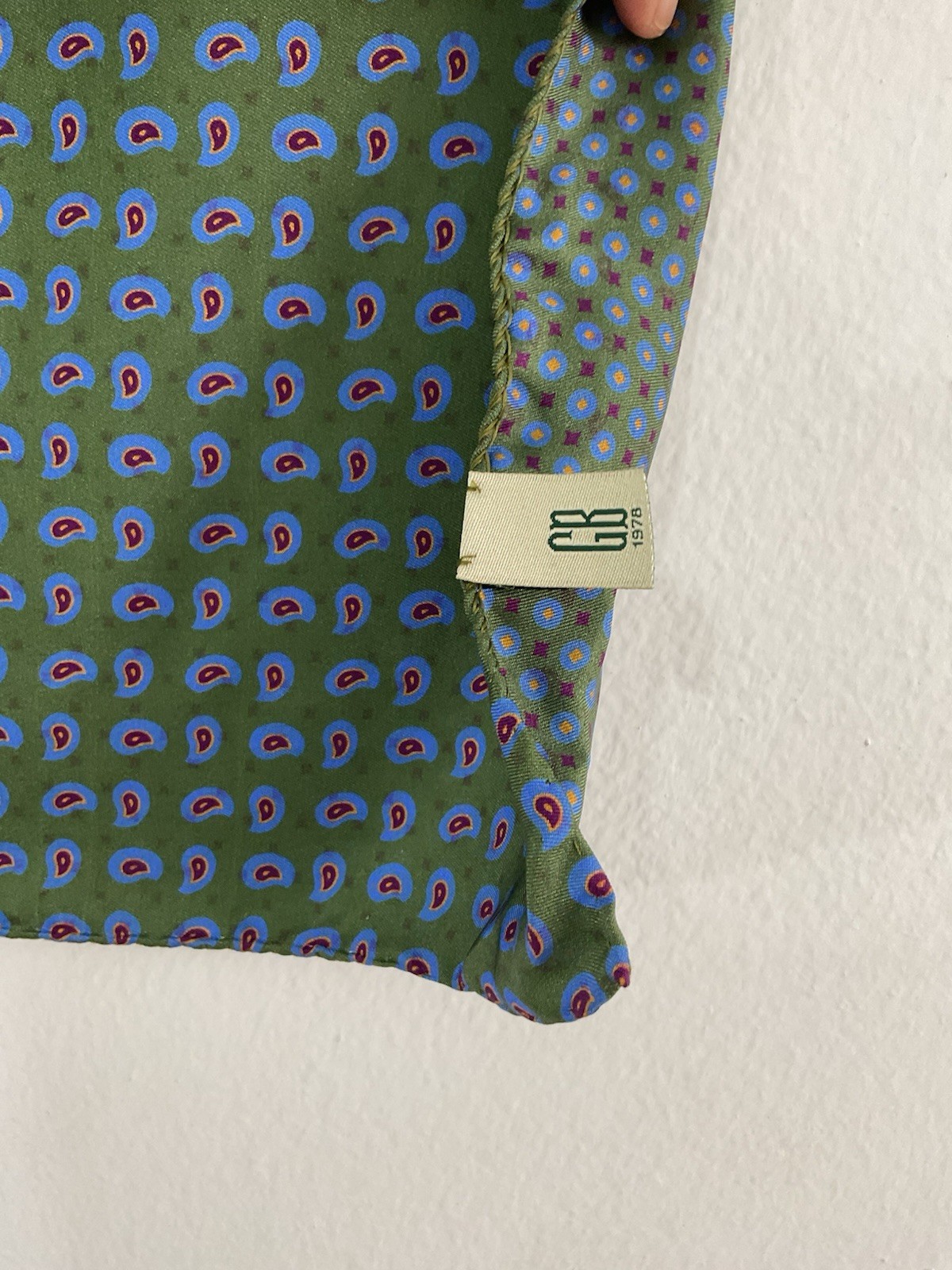 GB 1978 silk Men’s Pocket Square In Green W A Paisley Print M.i.italy 15″/15″ EC