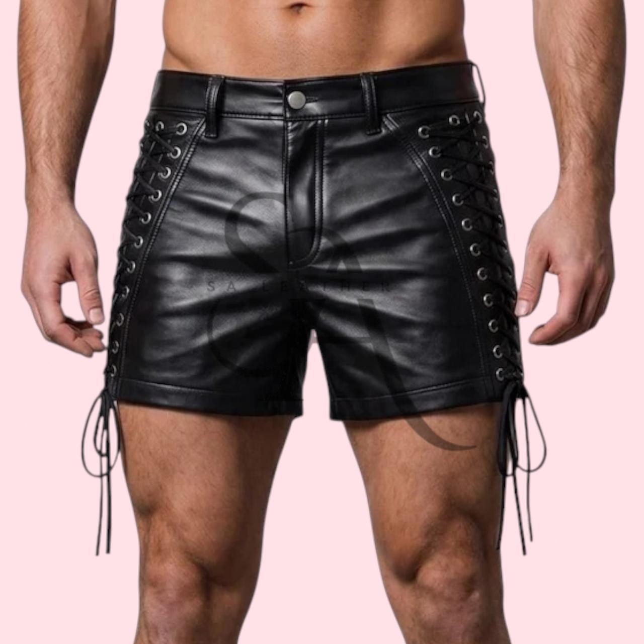 Men’s Black Real Lambskin Leather Cargo Shorts With side laces | Handmade Short