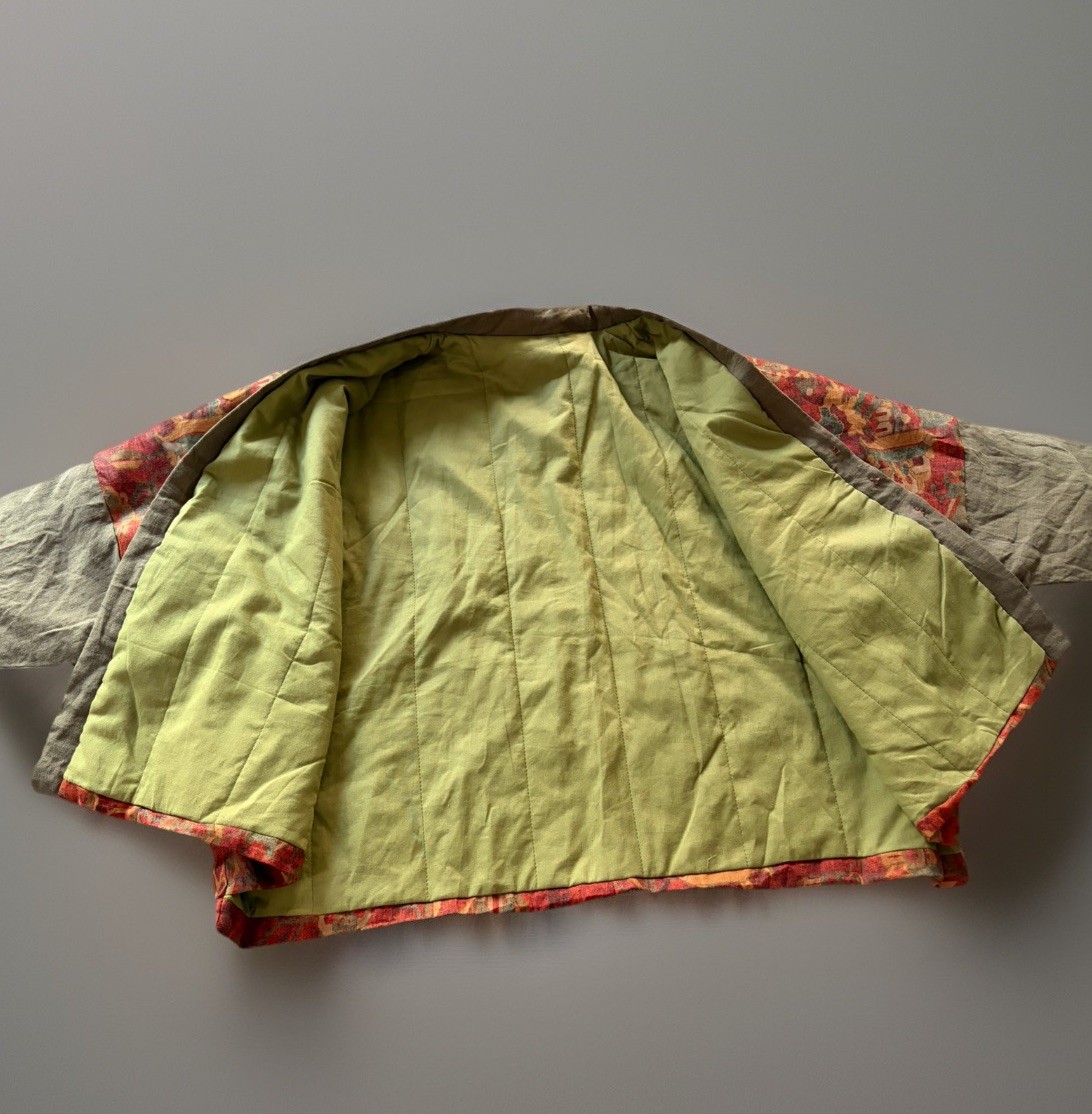 Quilted Jacket Cotton Vintage Floral Pattern Pockets Oriental Boho One Size