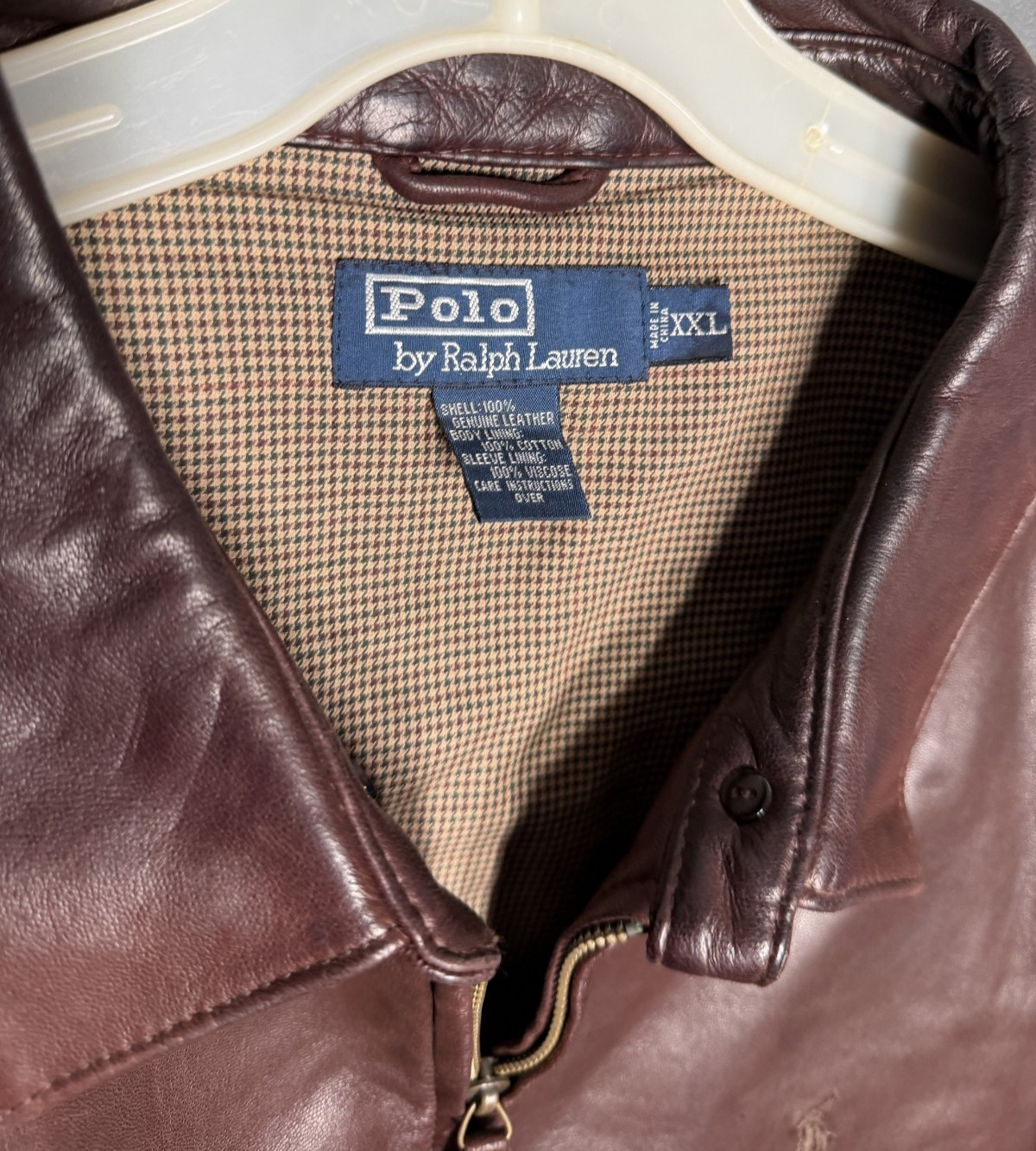 Vintage Polo Ralph Lauren Mahogany Leather Bomber Harrington Jacket XXL Plaid