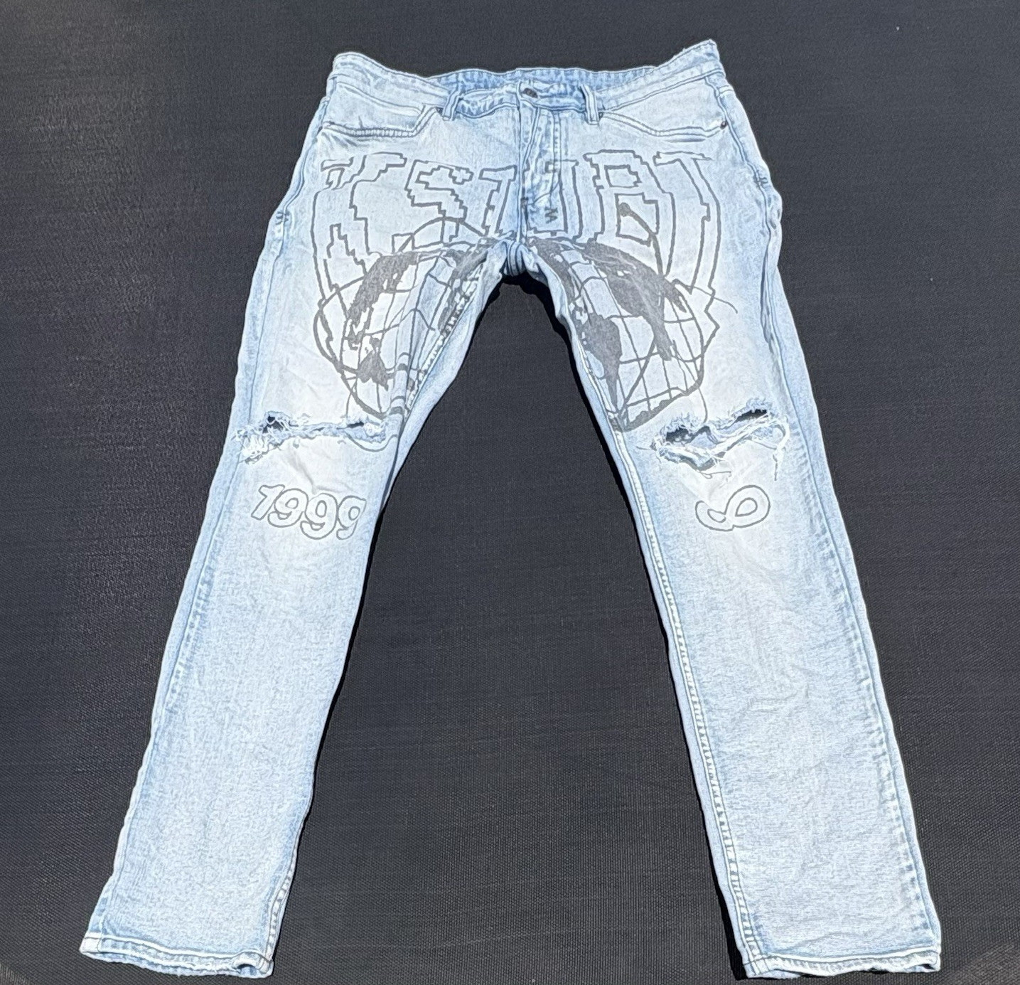 Ksubi Men’s Light Wash Distressed Logo Skinny Slim Fit Denim Jeans Size 36