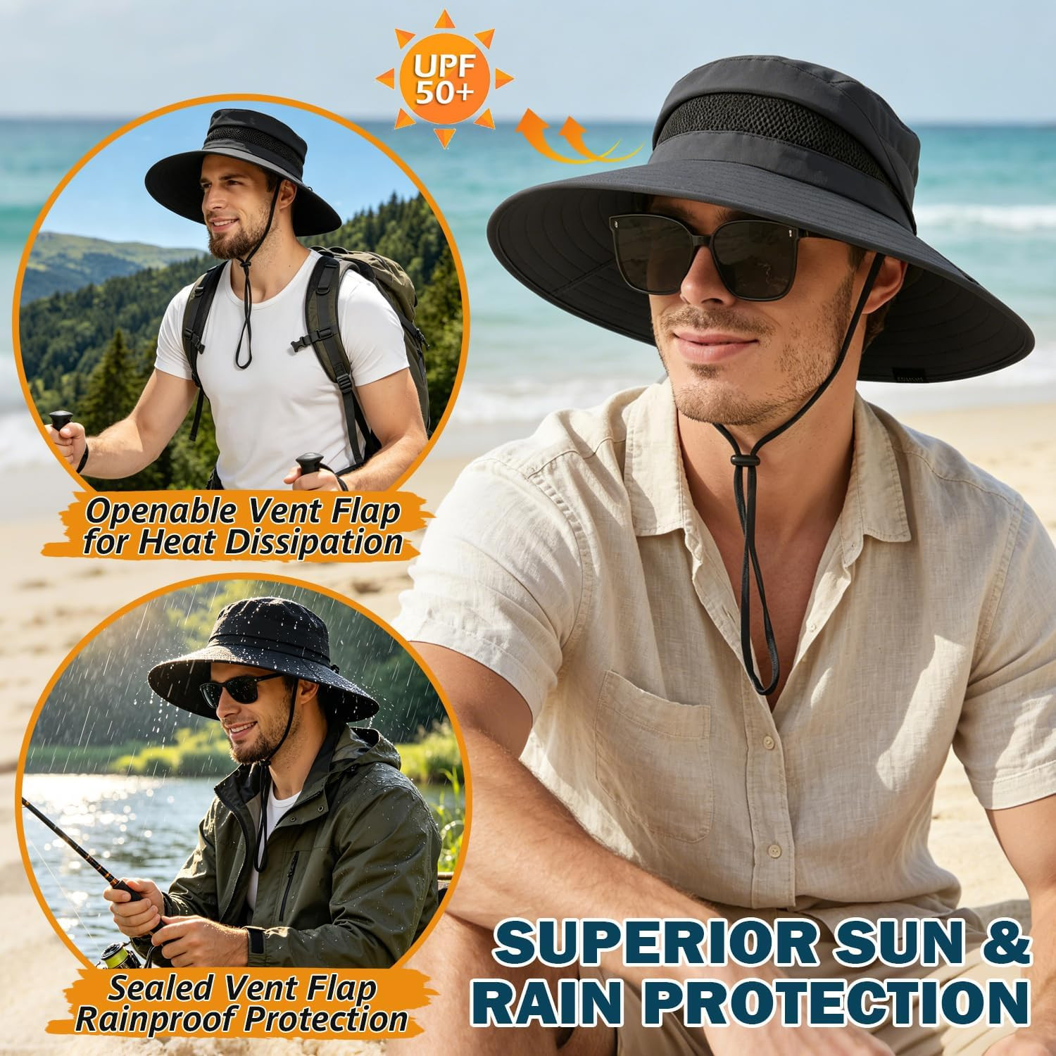 Men’S UPF 50+ Waterproof Wide Brim Boonie Hat, Sun & Rain Protection | Packable