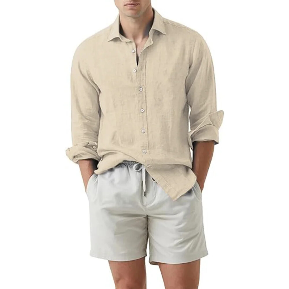 Men’s Shirt Long Sleeve Button-Up T-shirt Plain Neck Causal Cotton Polo 20% OFF