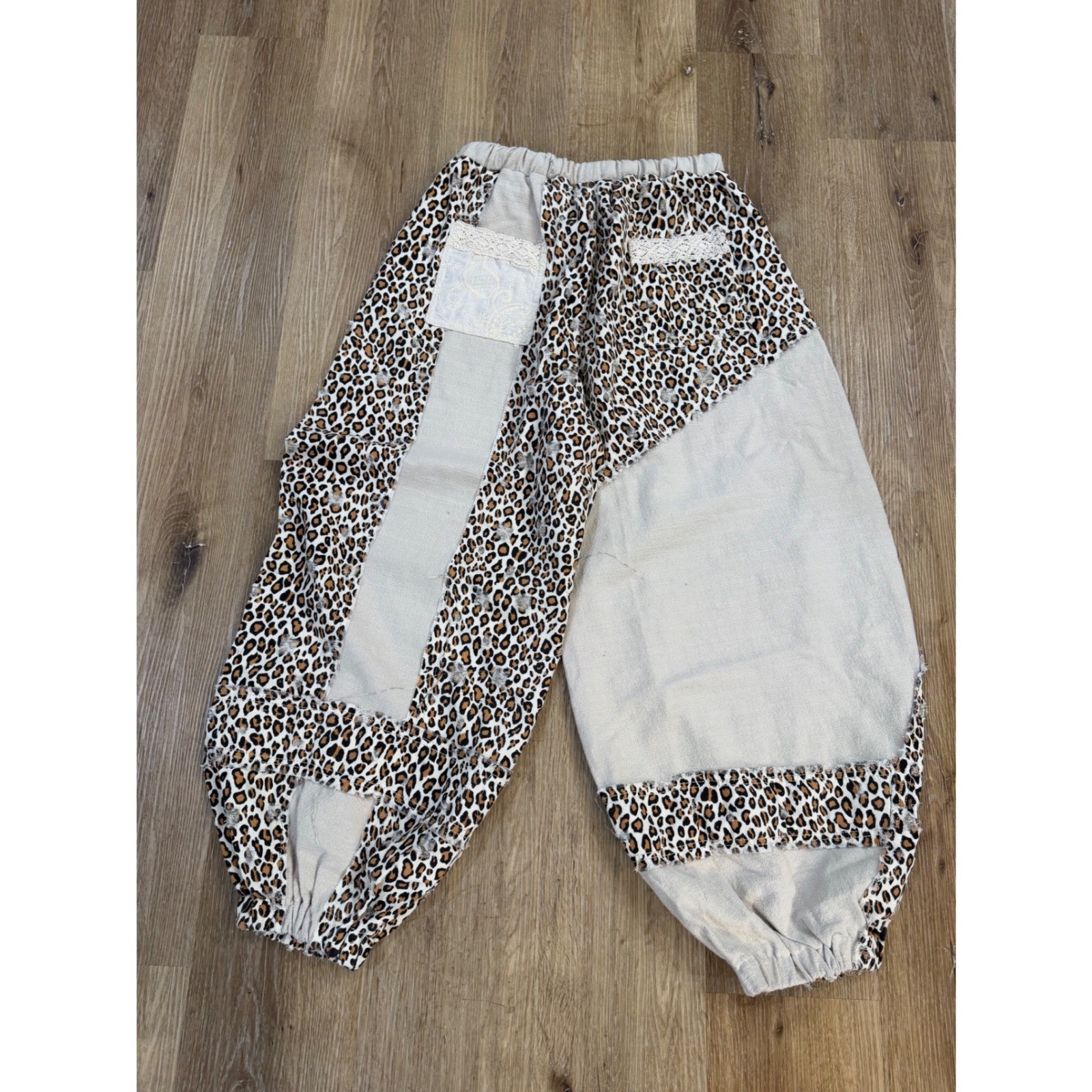 POL Patchwork Harem Pants Womens Medium Leopard Lace Distressed Boho Joggers