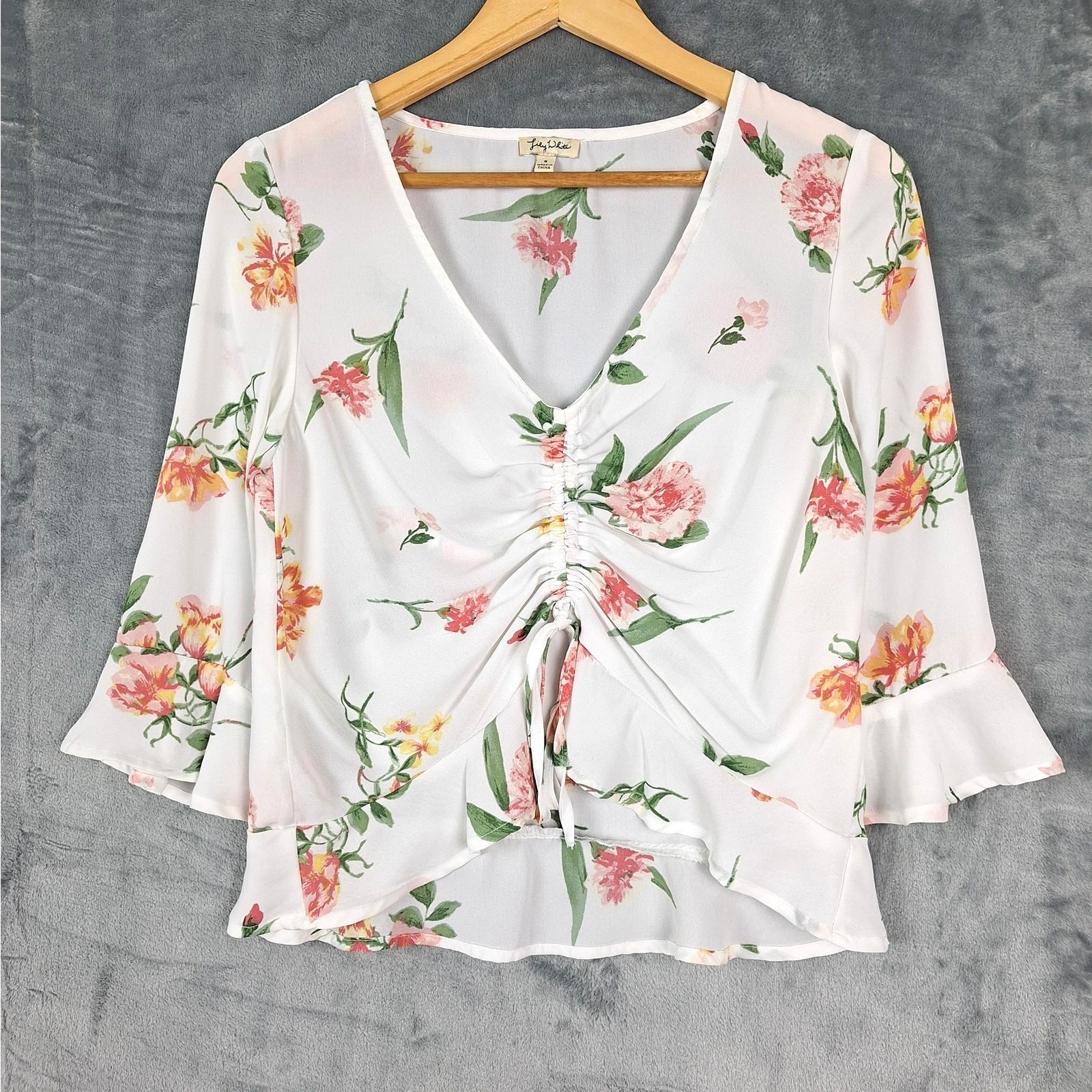 Womens Top Small White Romantic Floral Ruched Feminine Soft Girl Coquette Dainty