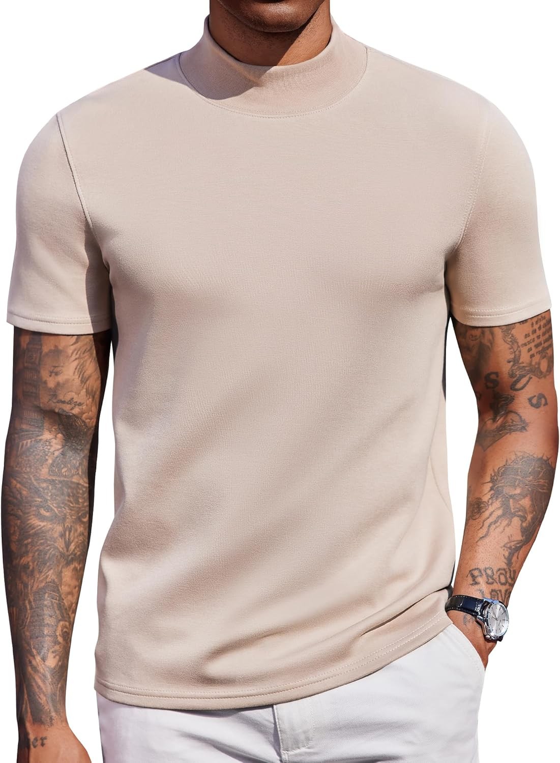 Men’s Short Sleeve Mock Turtleneck Top Stretch Skin-Friendly Casual Sweater