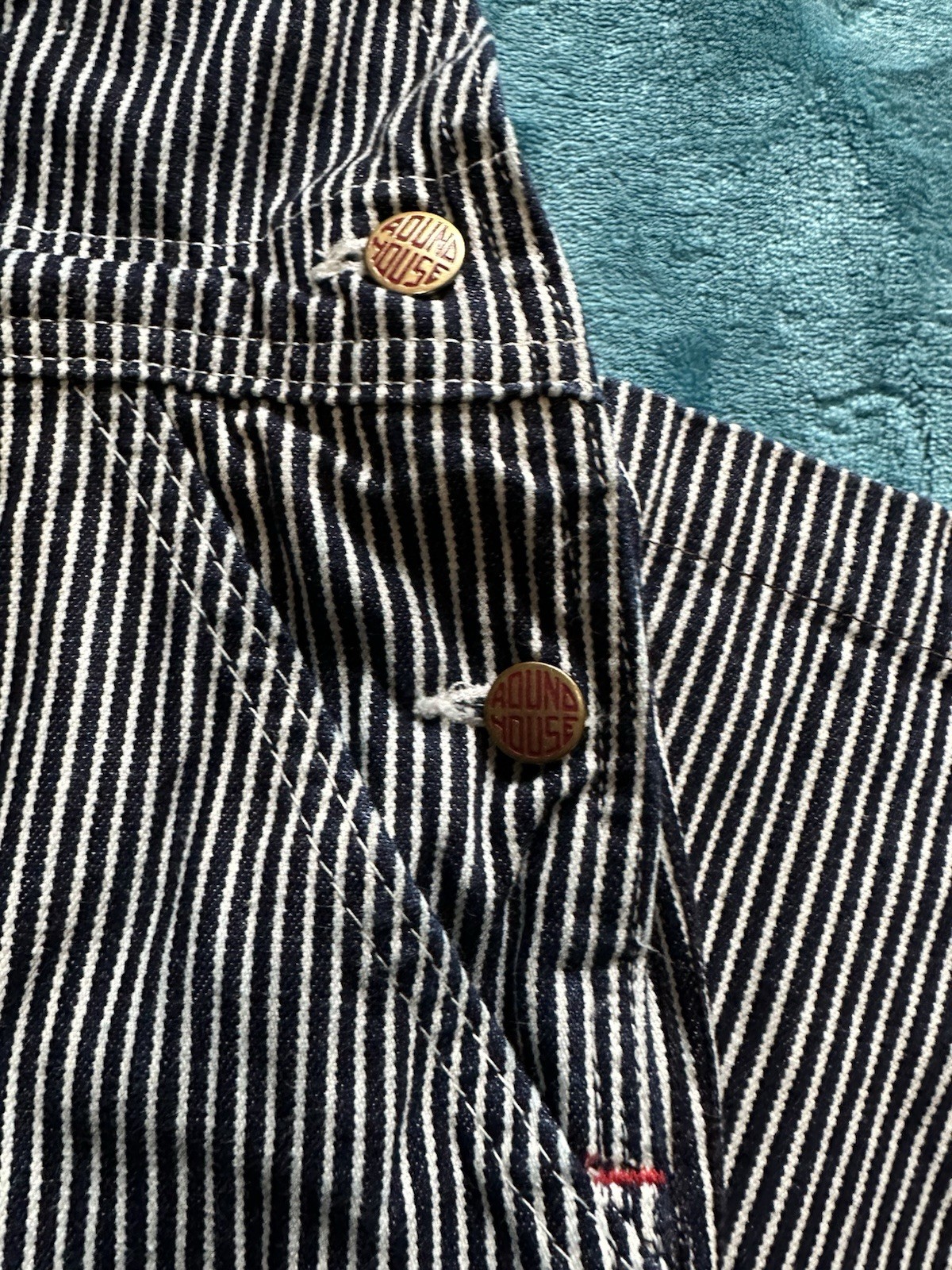 Round House Blue/White Stripe Cotton Denim Bib Overalls 36×34 Made in USA Lot 45