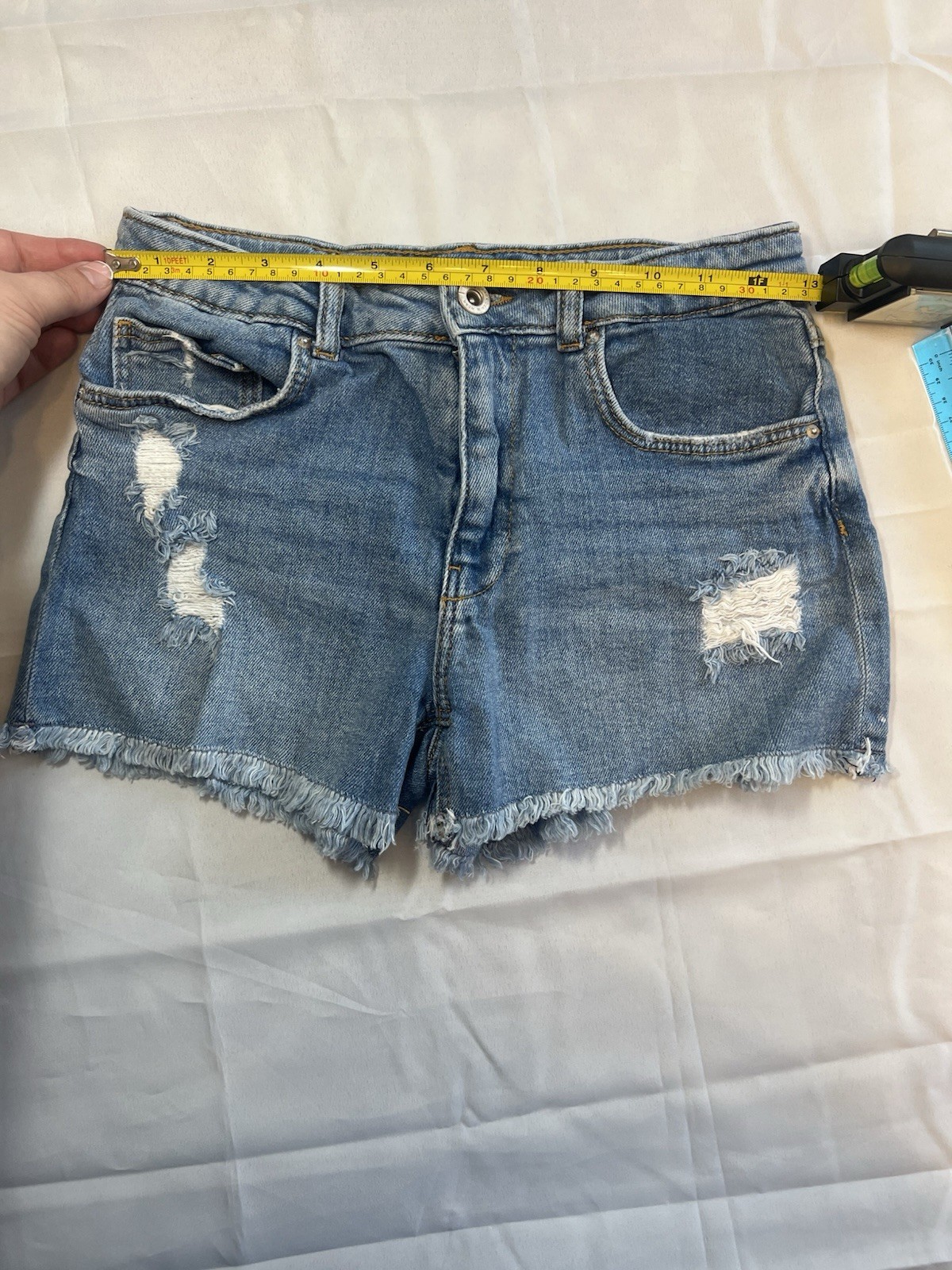 Zara Women’s Blue Distressed Denim Cut Off Shorts 13-14 CM 164 Mid Rise