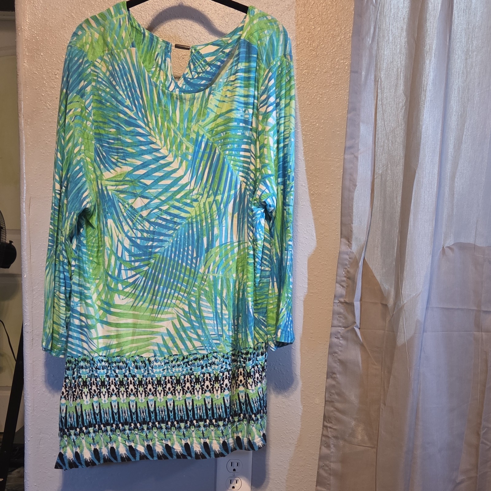 Ruby Rd. Womens Plus Size 1X Green Blue Tropical V-Neck 3/4 Sleeve Tunic Top