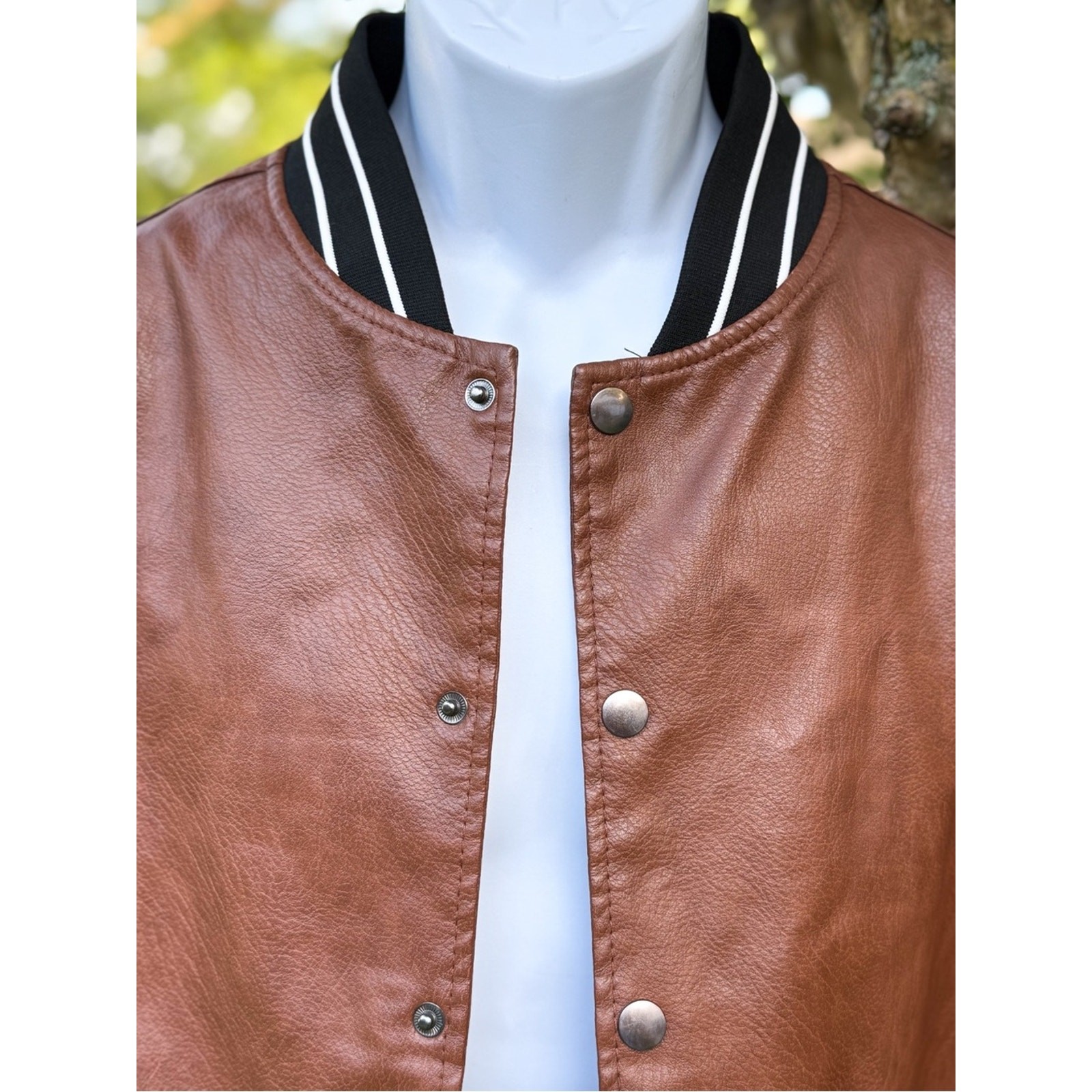 FRIED Denim NYC Varsity Bomber Jacket Brown Black Faux Leather Mens Large