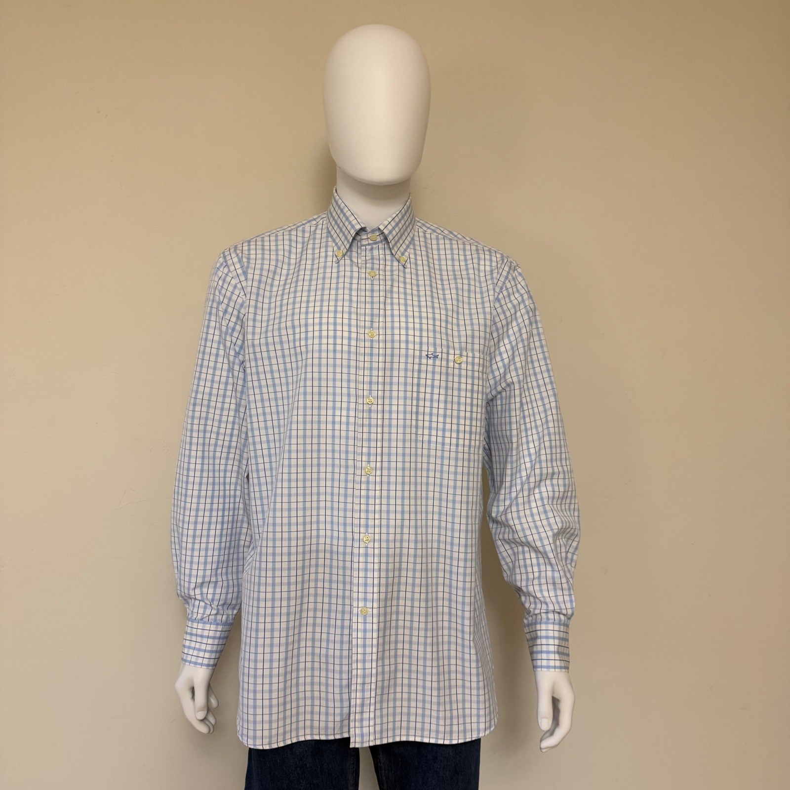 Paul & Shark Yachting Mens Blue White Check Cotton Button Down Shirt 42 /US L