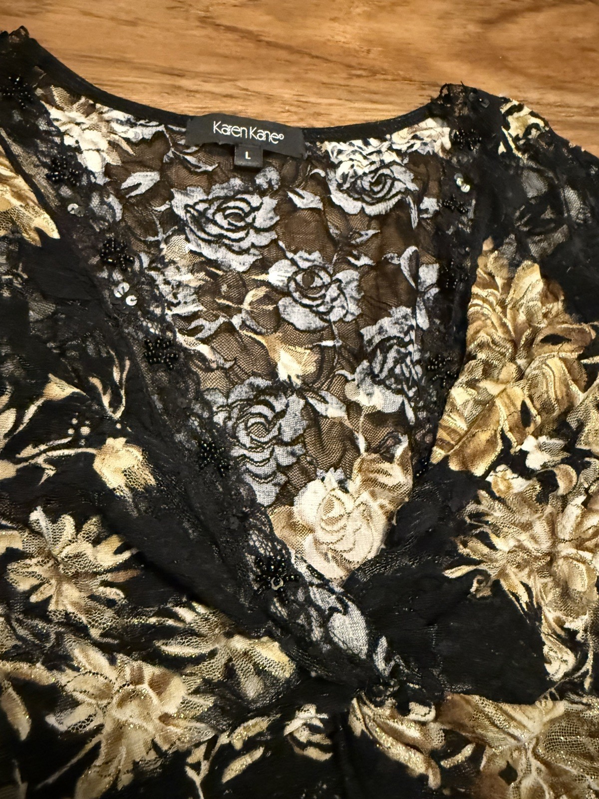 Vintage Y2K Black gold Floral lace top with beaded neckline whimsigoth fairycore