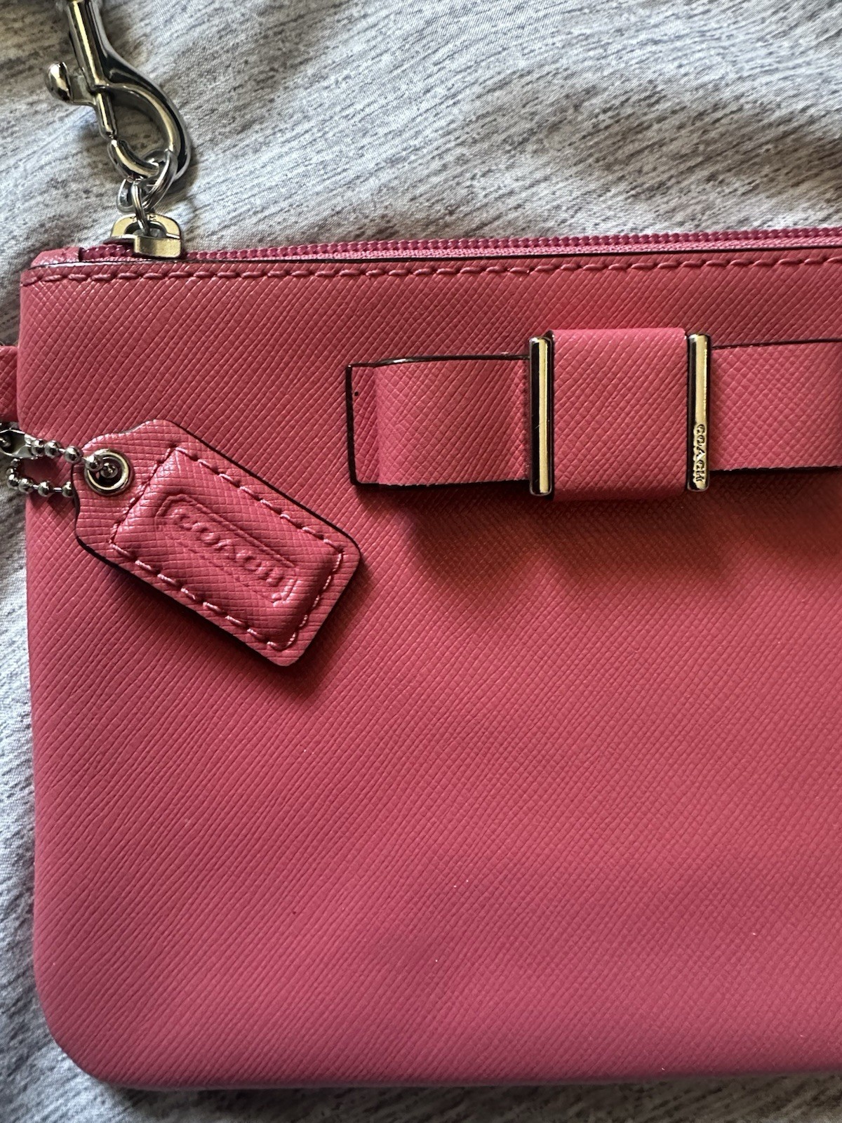Coach Pink Crossgrain Leather Bow Wristlet Pouch Clutch Wallet