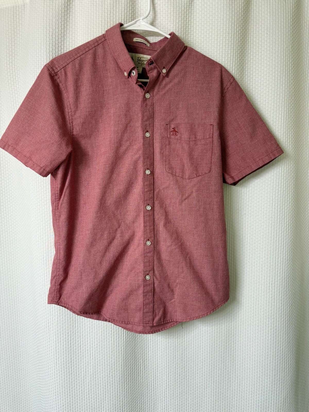 Original Penguin Heritage Slim Fit Men’s Red Solid SS Button-Up BD Collar M