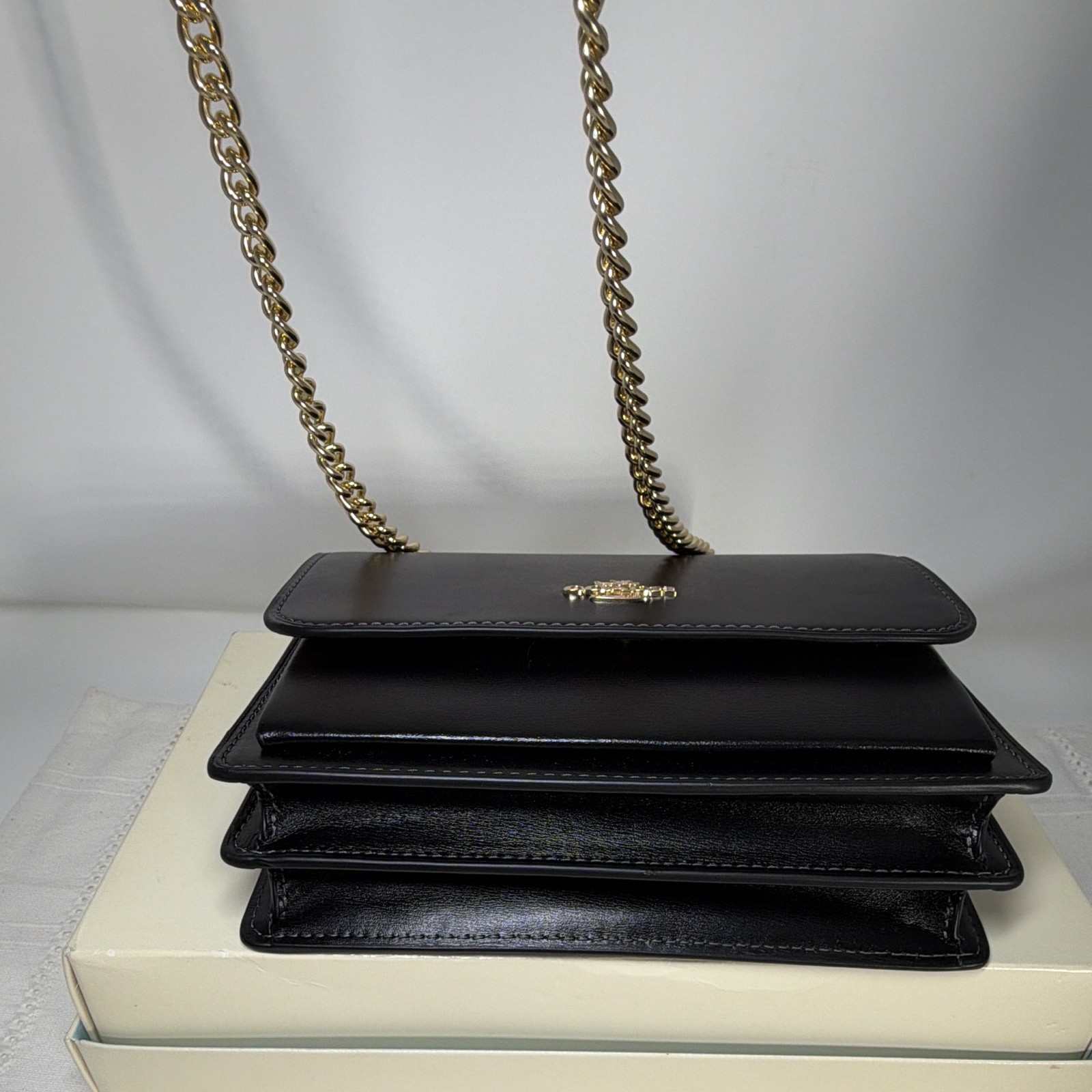 Coach Black Small Logo Crossbody Bag Chain Strap Gold HW Detachable Charm