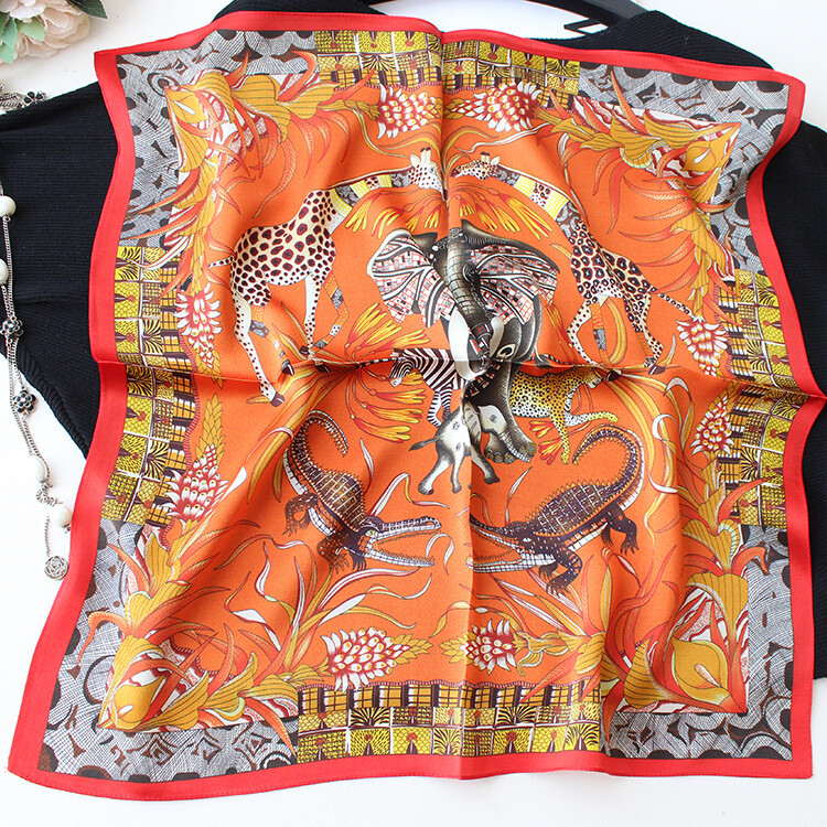 2025 Silk Scarf Bandanna Elephant Print Office Necktie Turban Hairband 21″