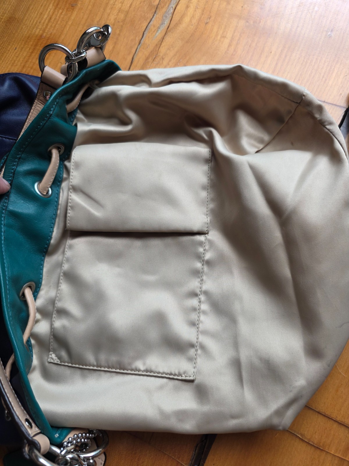 Coach Daisy Leather Drawstring Shoulder Bucket Bag Blue Green Tan Colorblock