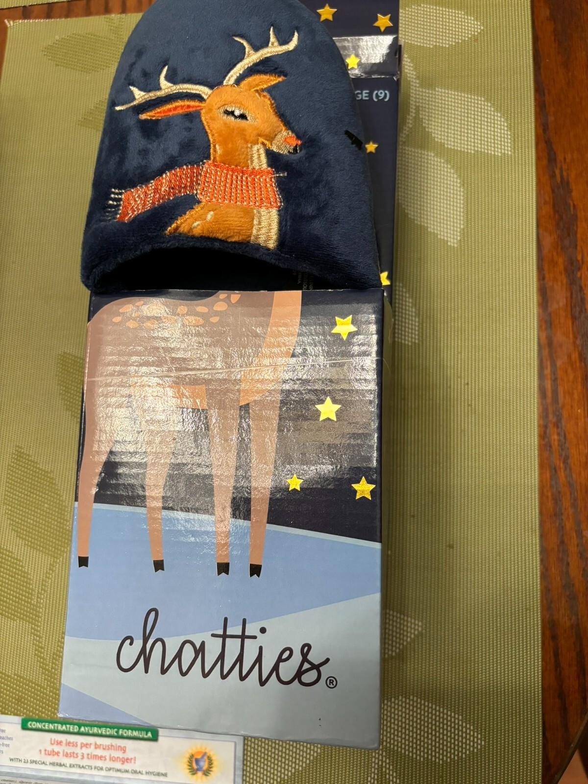 Woman’s Slippers, Chatties, dark blue with a deer applique size 9 about 11.4 in
