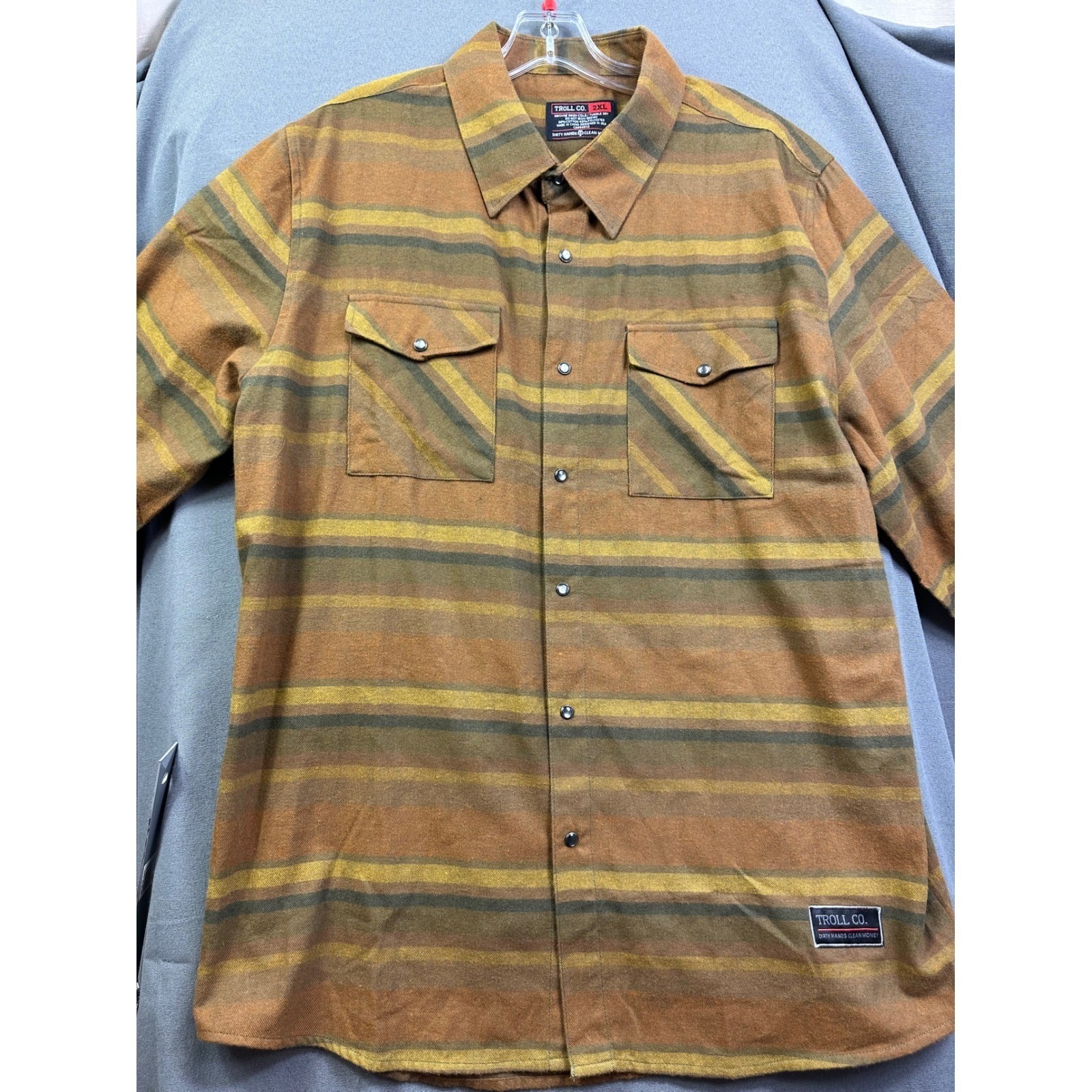 Troll Co Dirty Hands Clean Money Flannel Shirt Men 2XL Striped Snap Front Brown