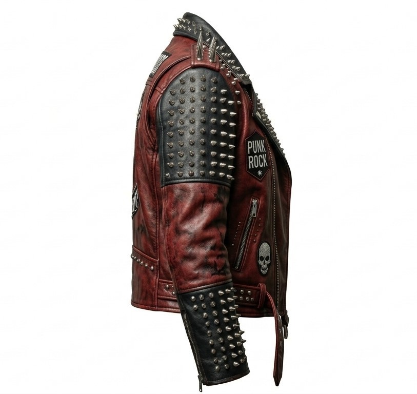 Men’s Punk Rock Studded Leather Jacket – Red Black Spiked Skull Biker Motorcycle