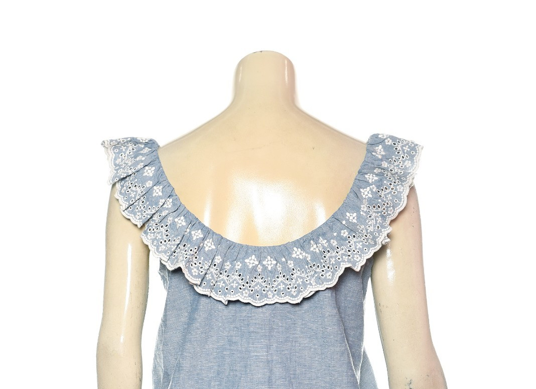 Sezane Rosa Top In Chambray S 36 Embroidered Ruffle Sleeveless Blouse NEW 46303