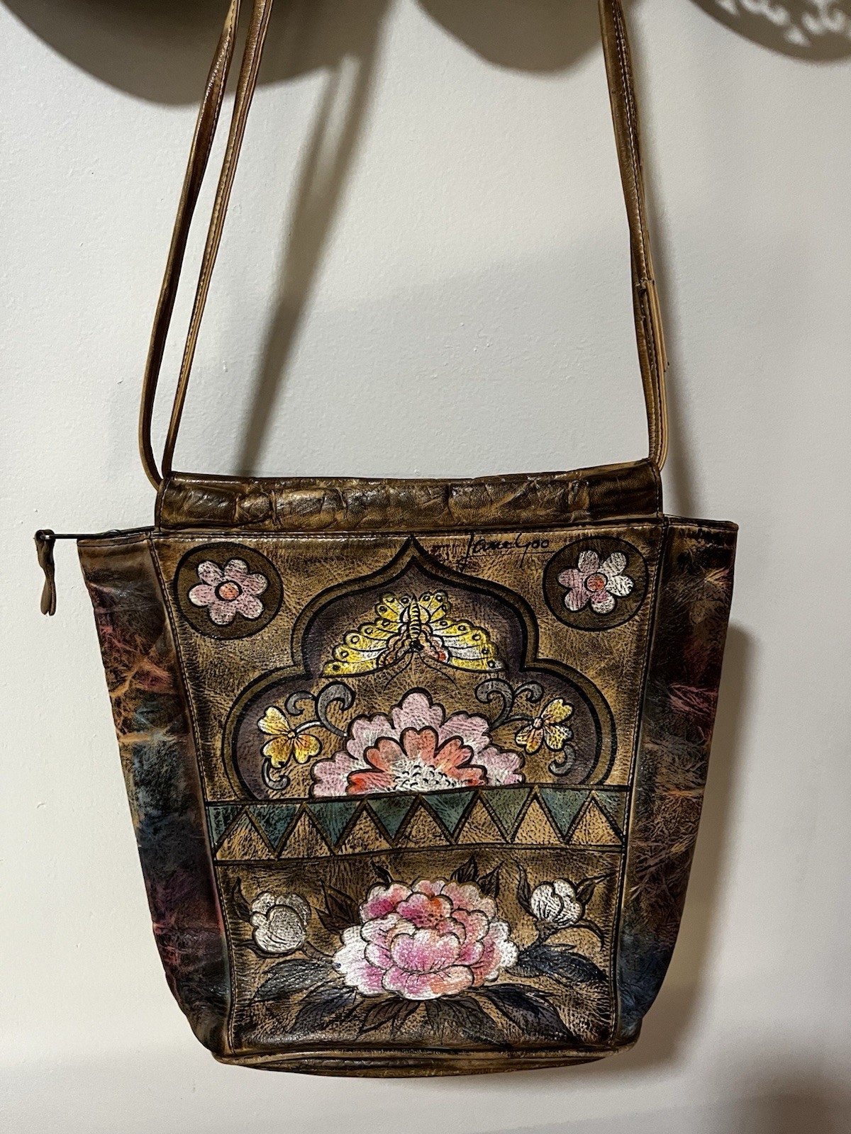 Jane Yoo Hand Painted Leather Shoulder Bag Floral Butterfly Wearable Art Boho