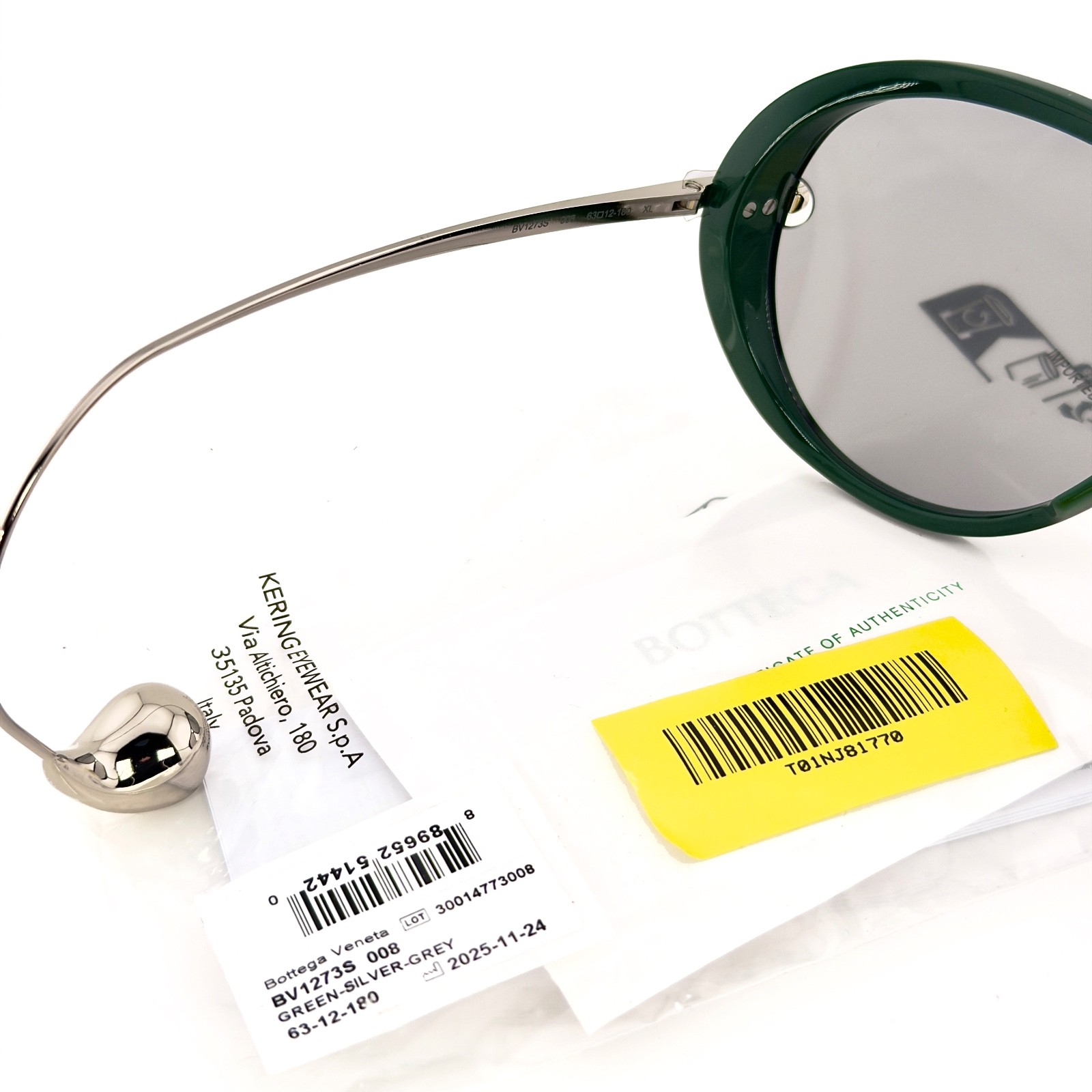 BOTTEGA VENETA 1273 DROP BV1273S Metal Silver Green Unisex Pilot Sunglasses 008