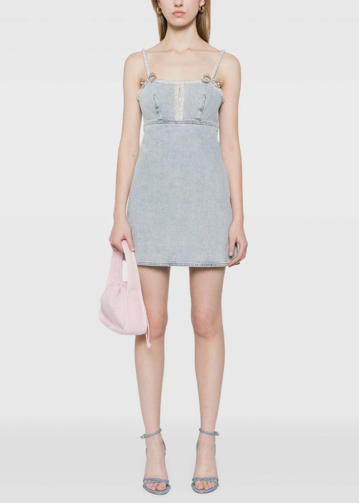 Self-Portrait LIGHT Denim RHINESTONE Pearl-Trim BOW Minidress CUTOUT SZ 8 NWT
