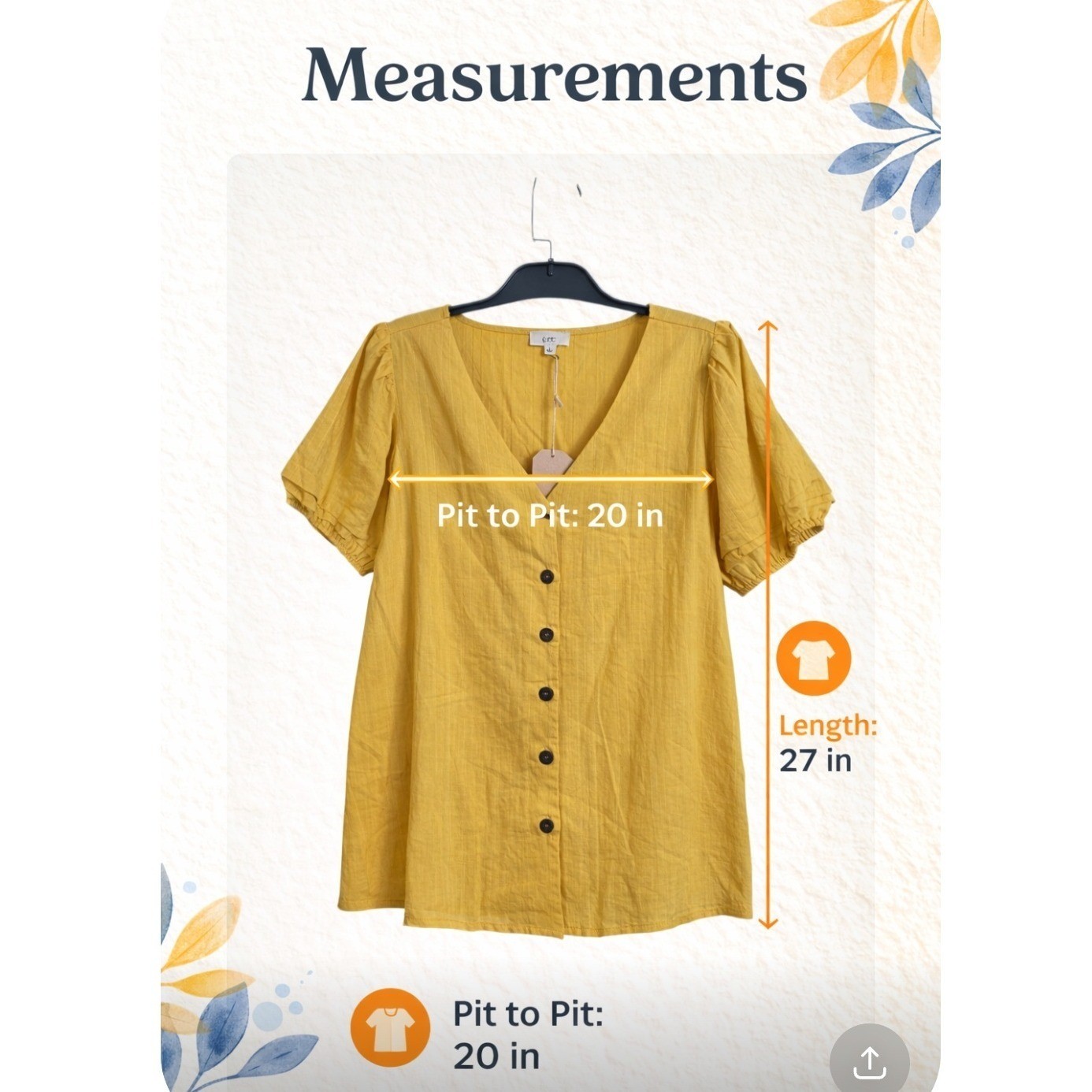 Ott Womens Mustard Yellow Button Front Puff Sleeve Blouse Large NEW