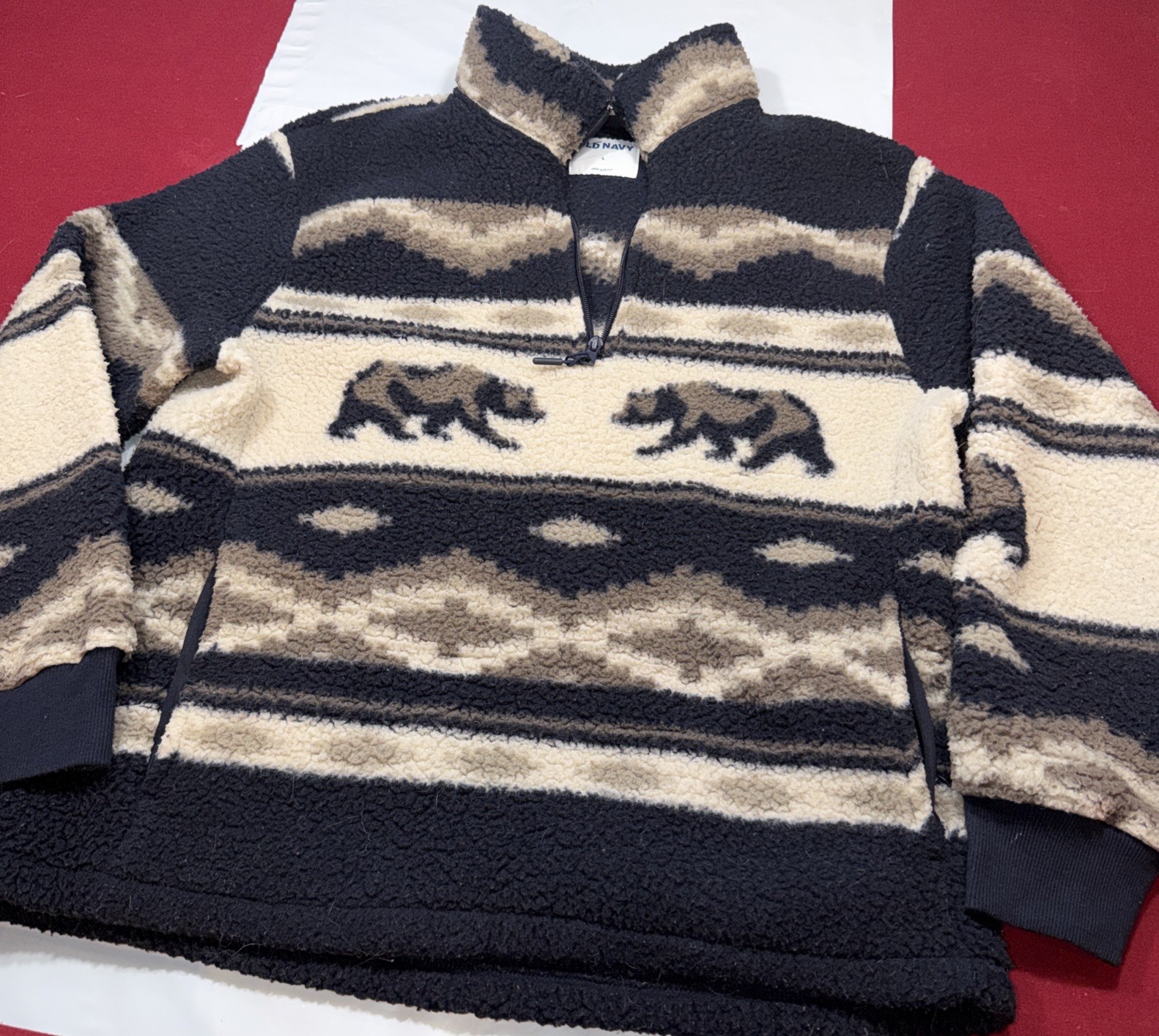 Old Navy Black brown BEAR Geometric Fleece Aztec Pullover Zip Neck, Men’s Large