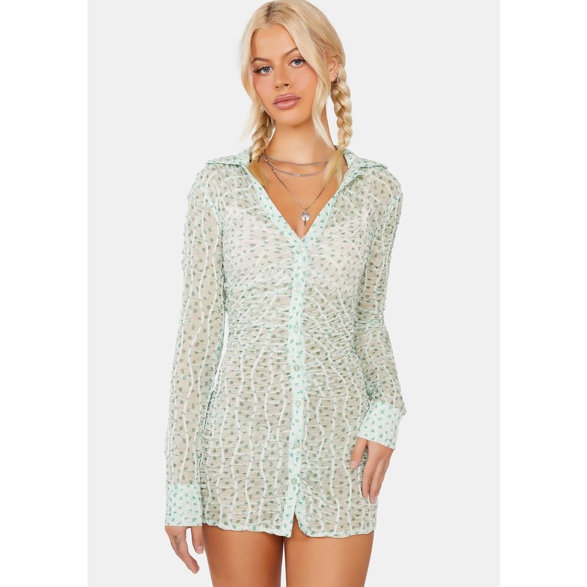 For Love & Lemons Green Polka Dot Drea Long Sleeve Mini Dress Size Small