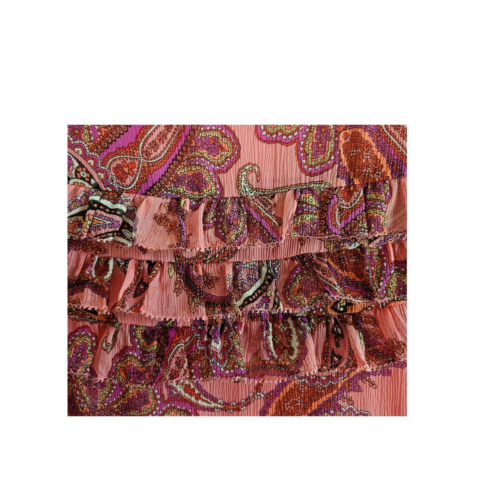 J. CREW Women 0 Silk Blouse Top Pink Paisley Ruffles Lined Long Sleeve Bust 34″