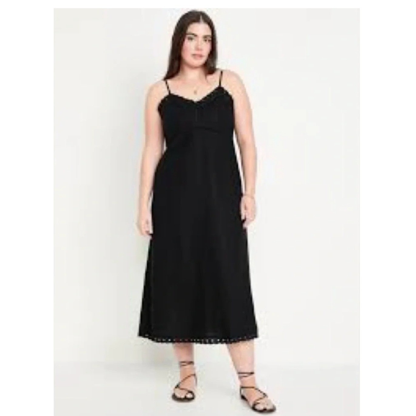 Old Navy Black Linen Blend Eyelet Hem Midi Slip Dress XL Smocked Back SP24/M04