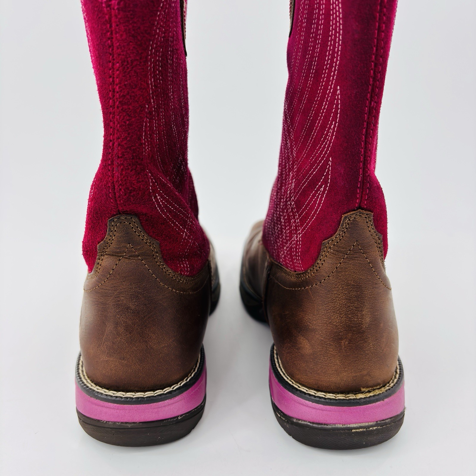 Womens 9 B Ariat Anthem Pink Brown Leather Square Toe Cowboy Boot Slip Resistant
