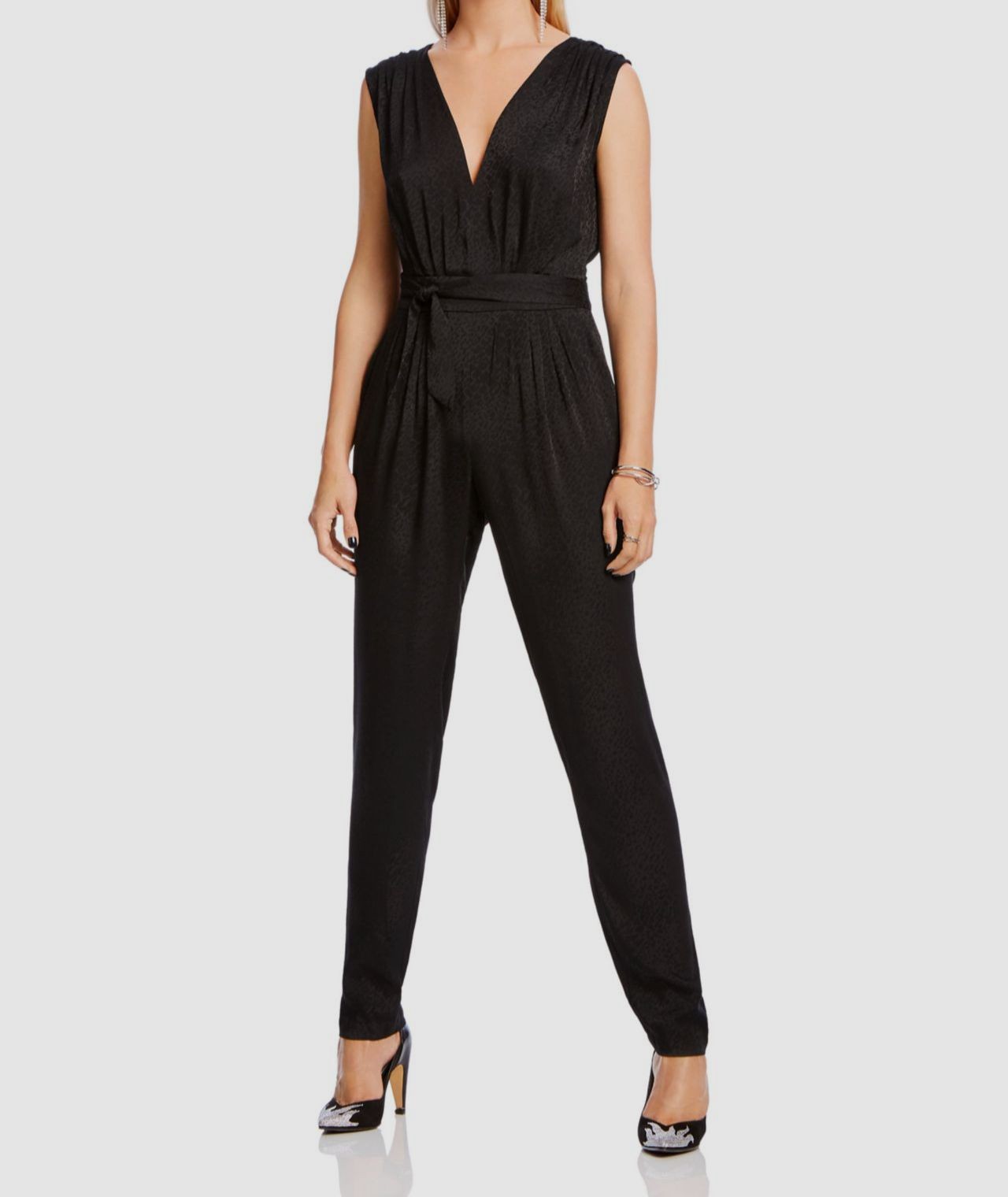 Lini Women’s Black Tonal Leopard Jacquard V-Neck Side-Tie Fiona Jumpsuit Size 0