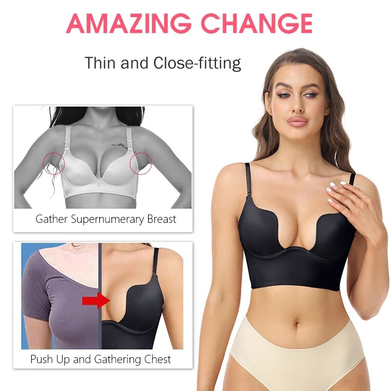 Push Up Bra Backless Women Low Cut Plunge Invisible Seamless Deep U Lingerie Hot