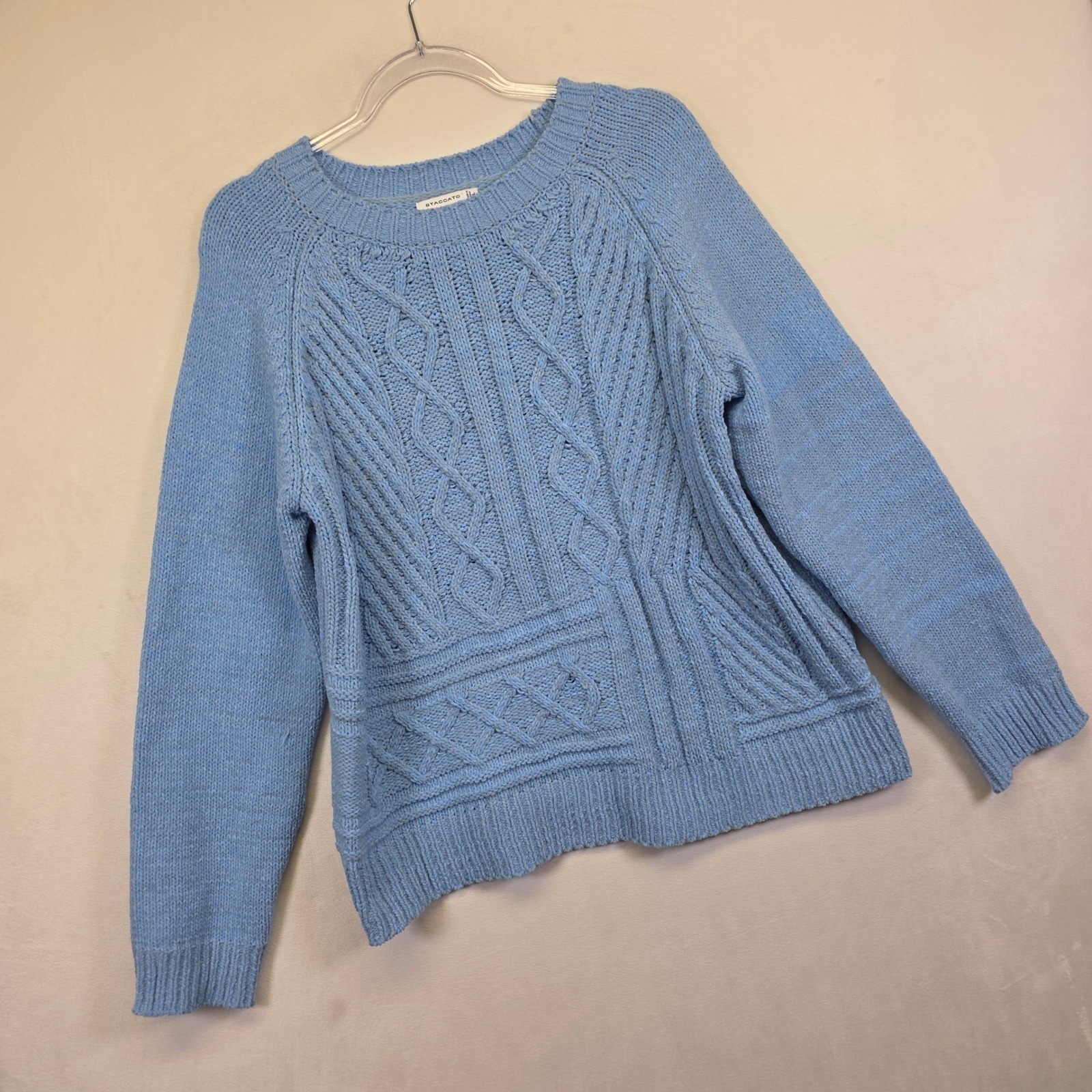 Staccato Cable Knit Sweater Womens L Blue Cozy Soft Fisherman Cottagecore Preppy