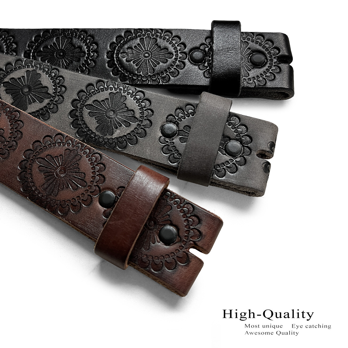 Floral Engraved One Piece Genuine Full Grain Leather Belt Strap 1-1/2″ Wide