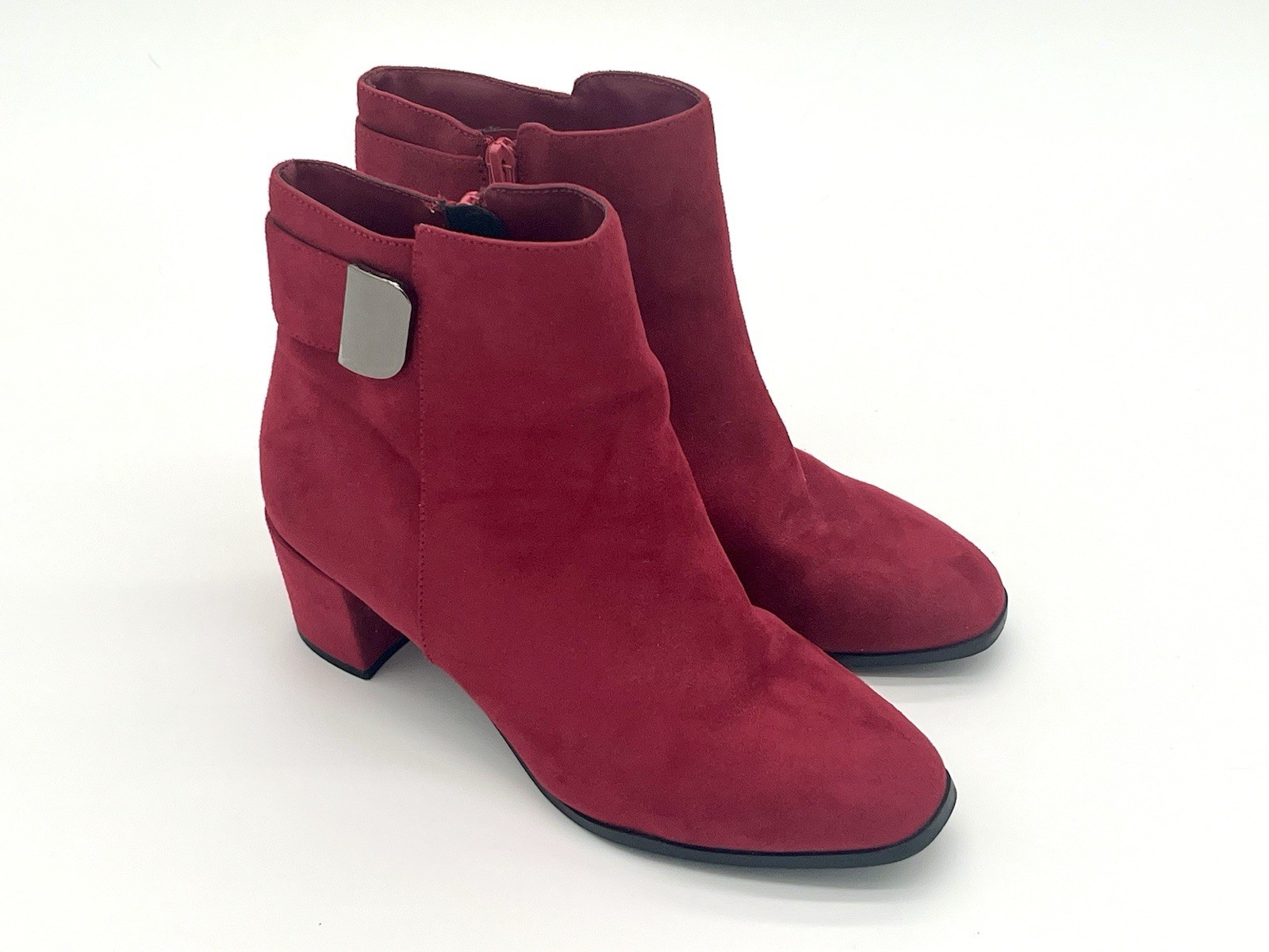 East 5th Ezra Red Suede Ankle Boots Size 7W Almond Toe 2” Block Heel