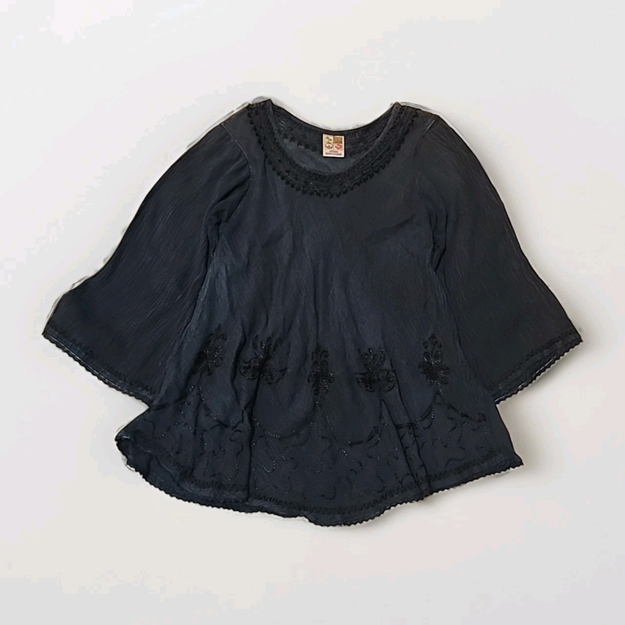 India Boutique Blouse Womens Free One Size Blue Embroidered Boho Peasant Top R3