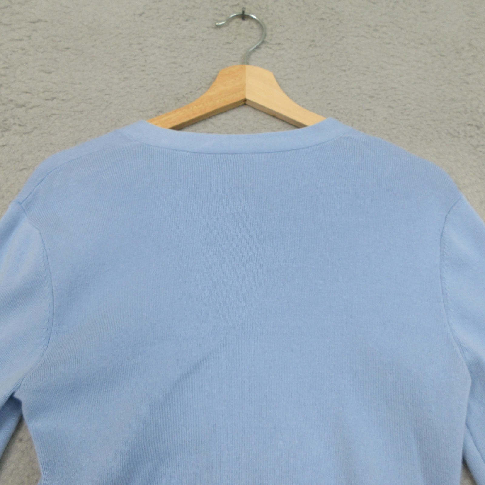 Cabi Cardigan Sweater Womens Medium Blue V Neck Button Front Split Back Knit