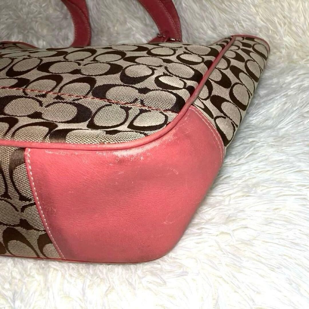 COACH Pink Brown Canvas Leather Tote Bag Logo Inner Pockets 11.8×12.6 in