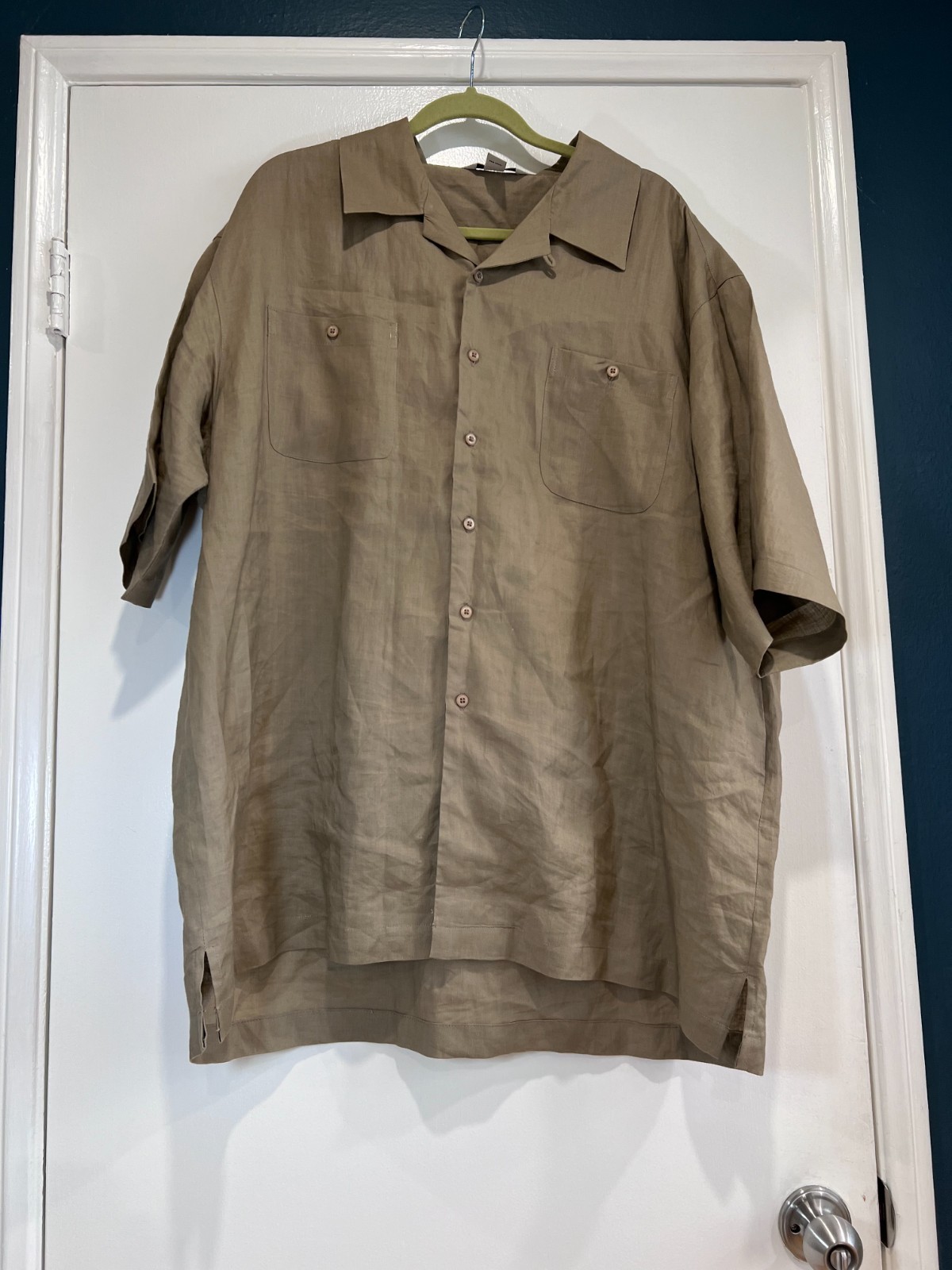 Linea Uomo Men’s 2XLT Tall Brown 100% Ramie Short Sleeve Button Down Camp Shirt