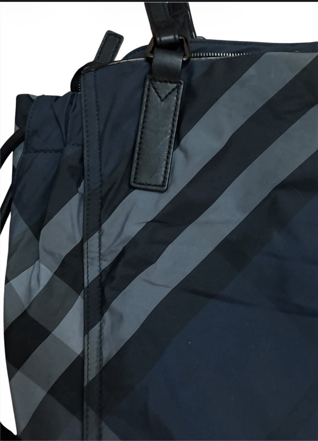 Burberry Navy Gray Plaid Tote Bag Leather Trim Zip Drawstring Detachable Strap
